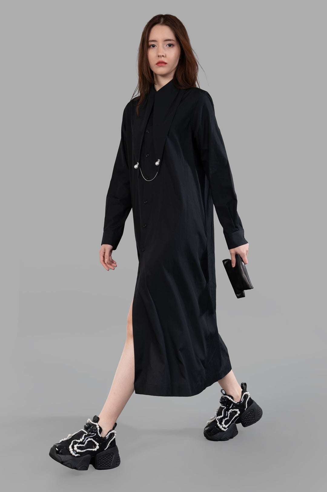 Noir Kei Ninomiya Charm-collar Shirt Dress in Black, front view on model, featuring silver-tone pearl charm collar.