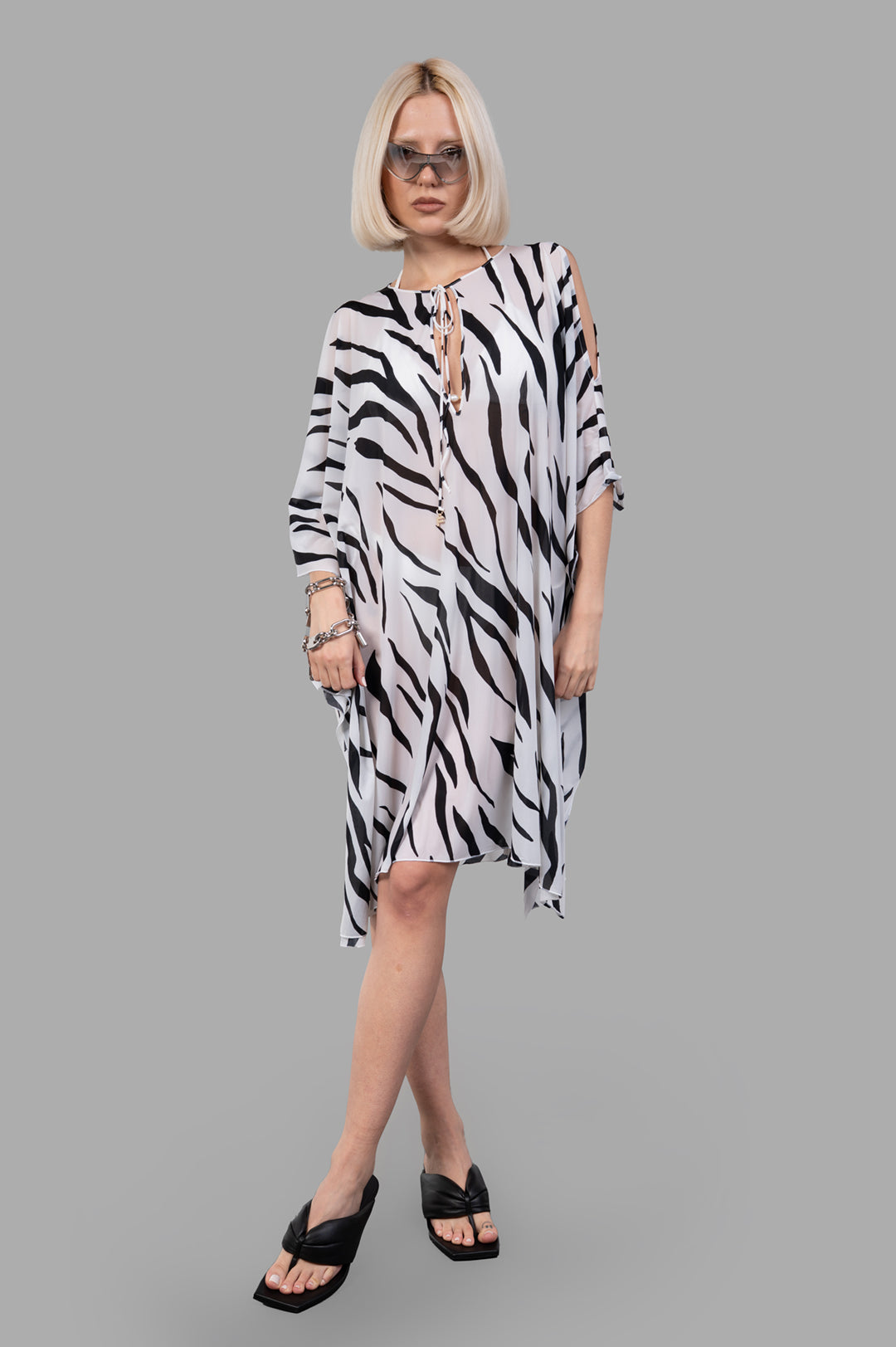Fisico Zebra Bikini Cover Up, front view on-model, black and white pattern, luxurious fabric, sleek and glamorous design.