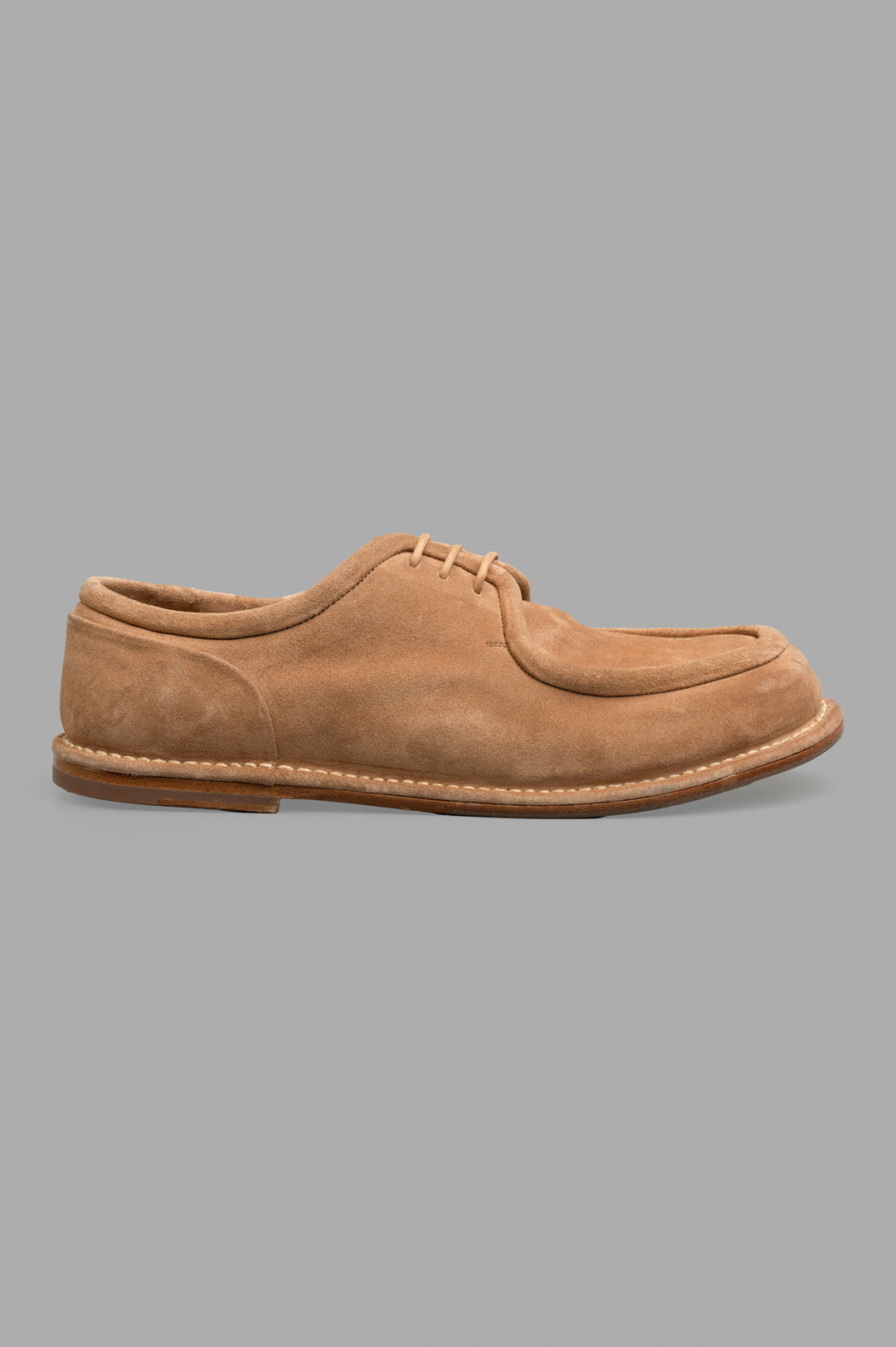 Mattia Capezzani Laced Suede Shoes, side view. Tabacco color, handcrafted in Italy with 100% leather for raw elegance.