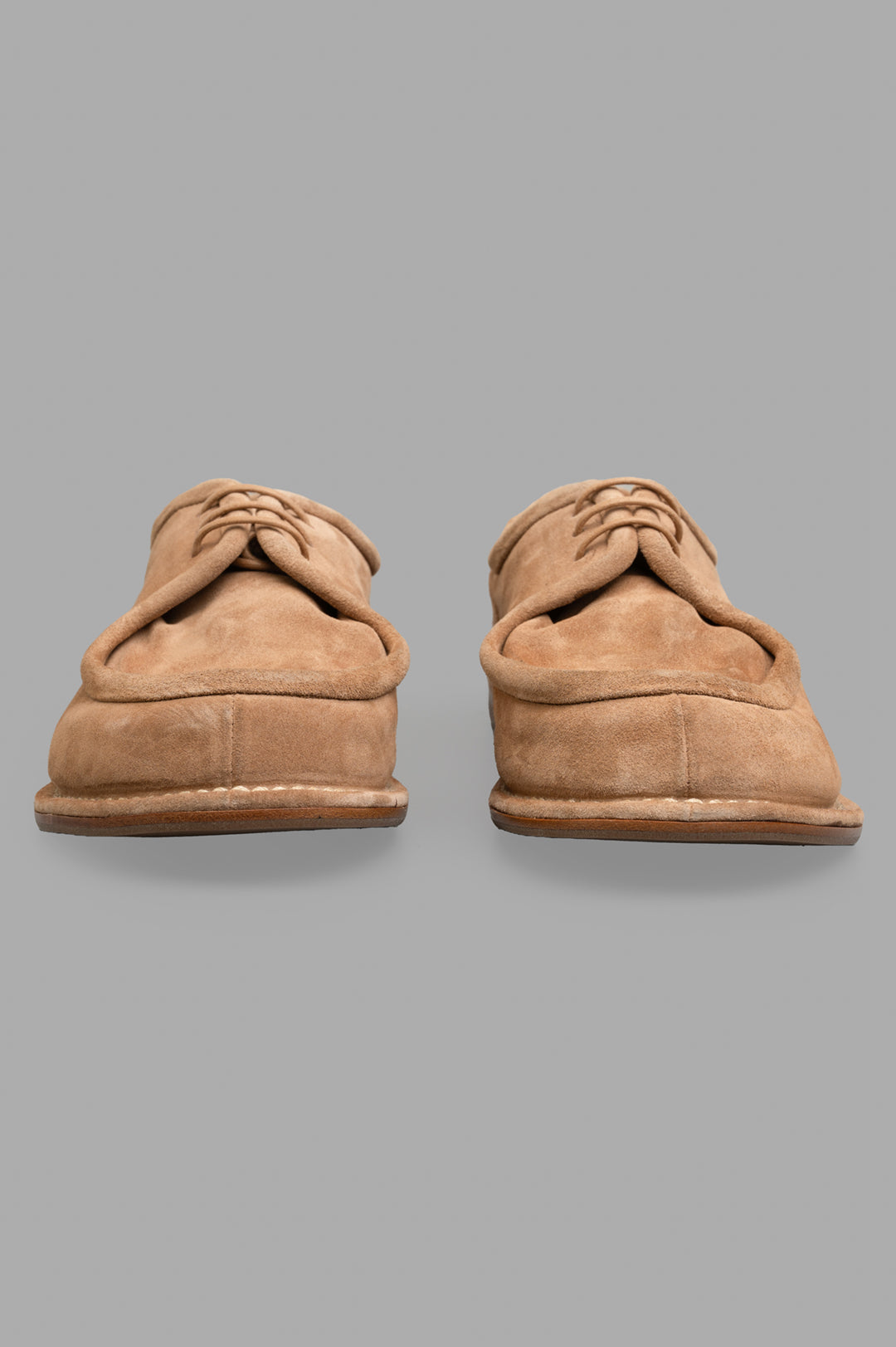 Mattia Capezzani Laced Suede Shoes viewed from the front, showcasing soft Tabacco leather and intricate lace detailing.
