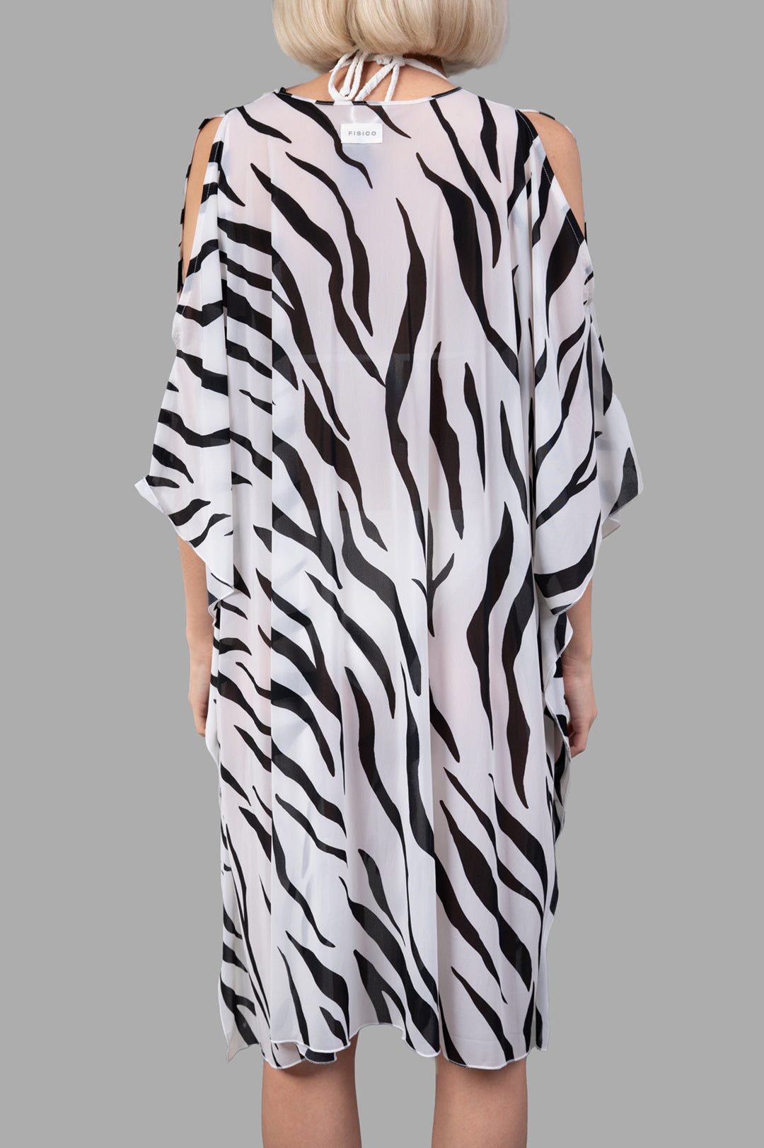 Fisico Zebra Bikini Cover Up showcases a chic black and white zebra print, designed with elegant cold-shoulder details.