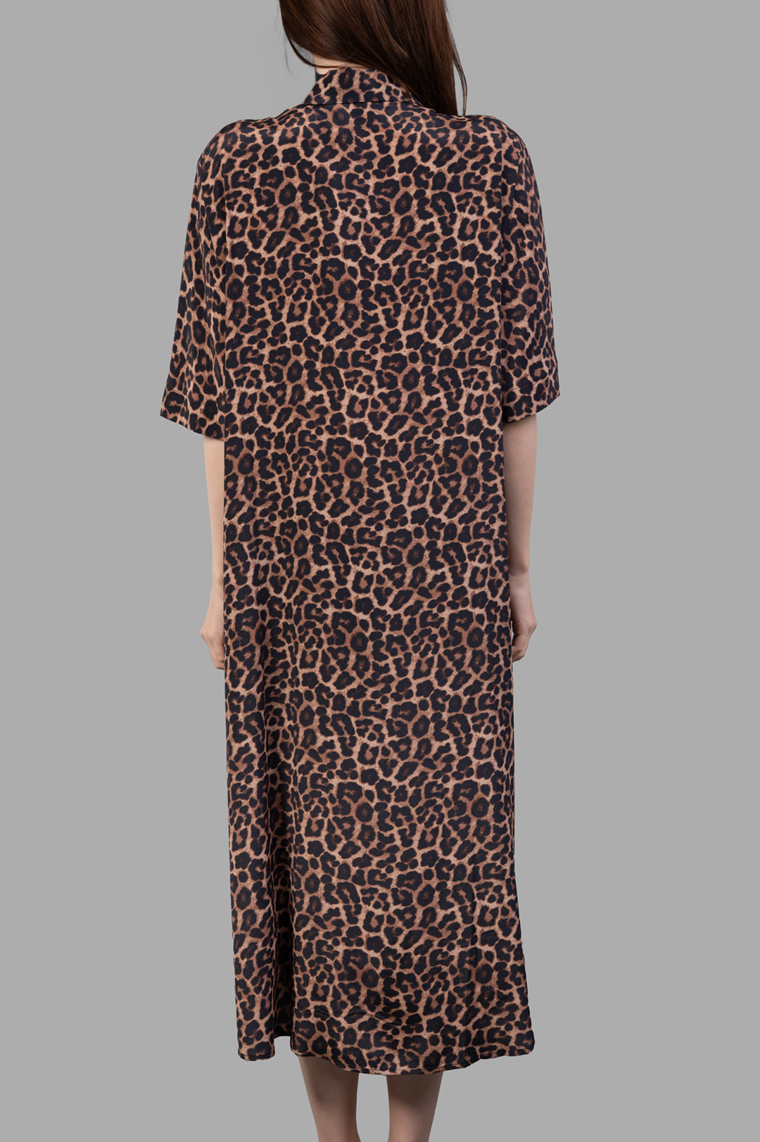 Anine Bing Julia Leopard Dress displayed from the back, featuring all-over leopard print and short sleeves.