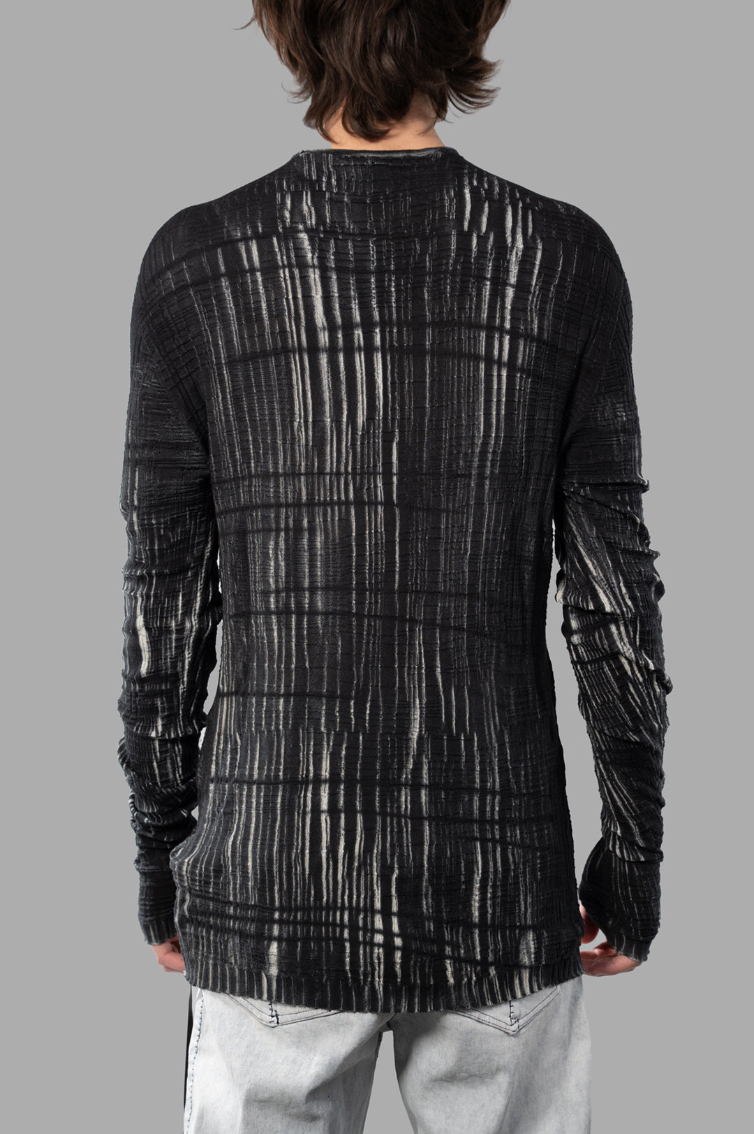 MD 75 Ribbed Sweater with Stripes, showcased from the back, features textured fabric and unique striped design in grey tones.