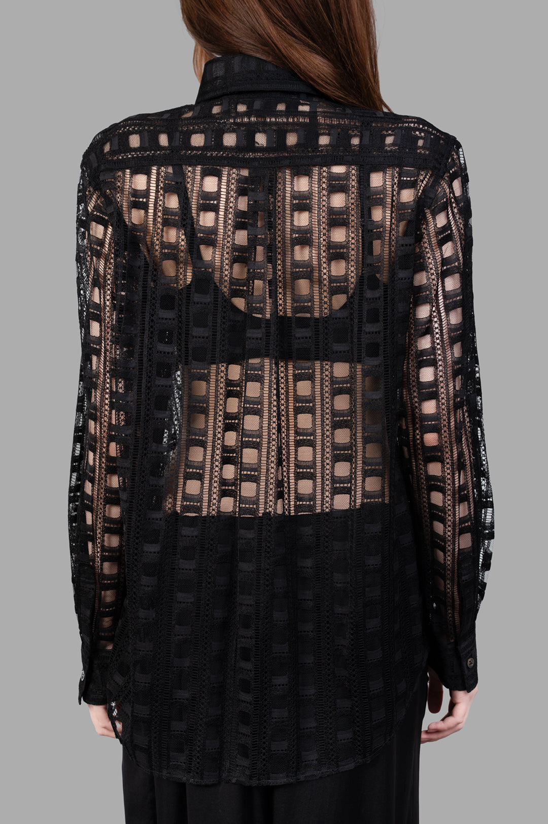 Comme des Garçons Embroidered Shirt, elegant black design with detailed back view showcasing intricate embroidery and texture.