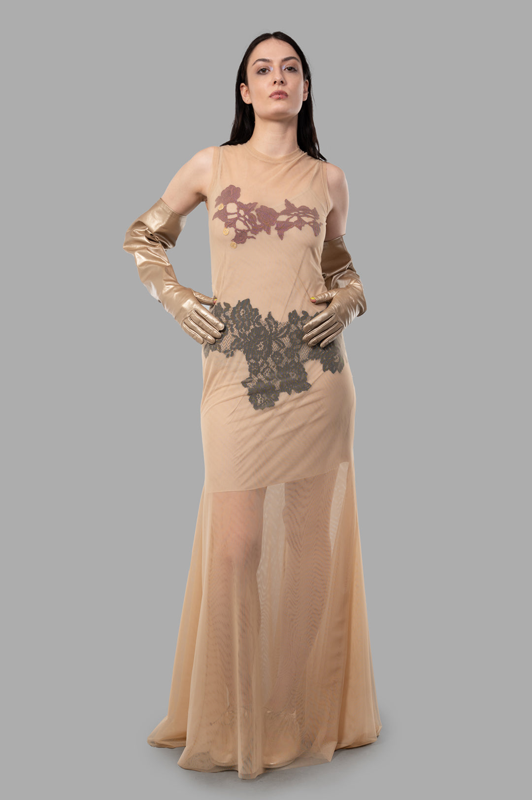 Sehnsucht Atelier Lace-detail Dress in Beige, front view. Features intricate lace on semi-transparent, polyamide maxi.