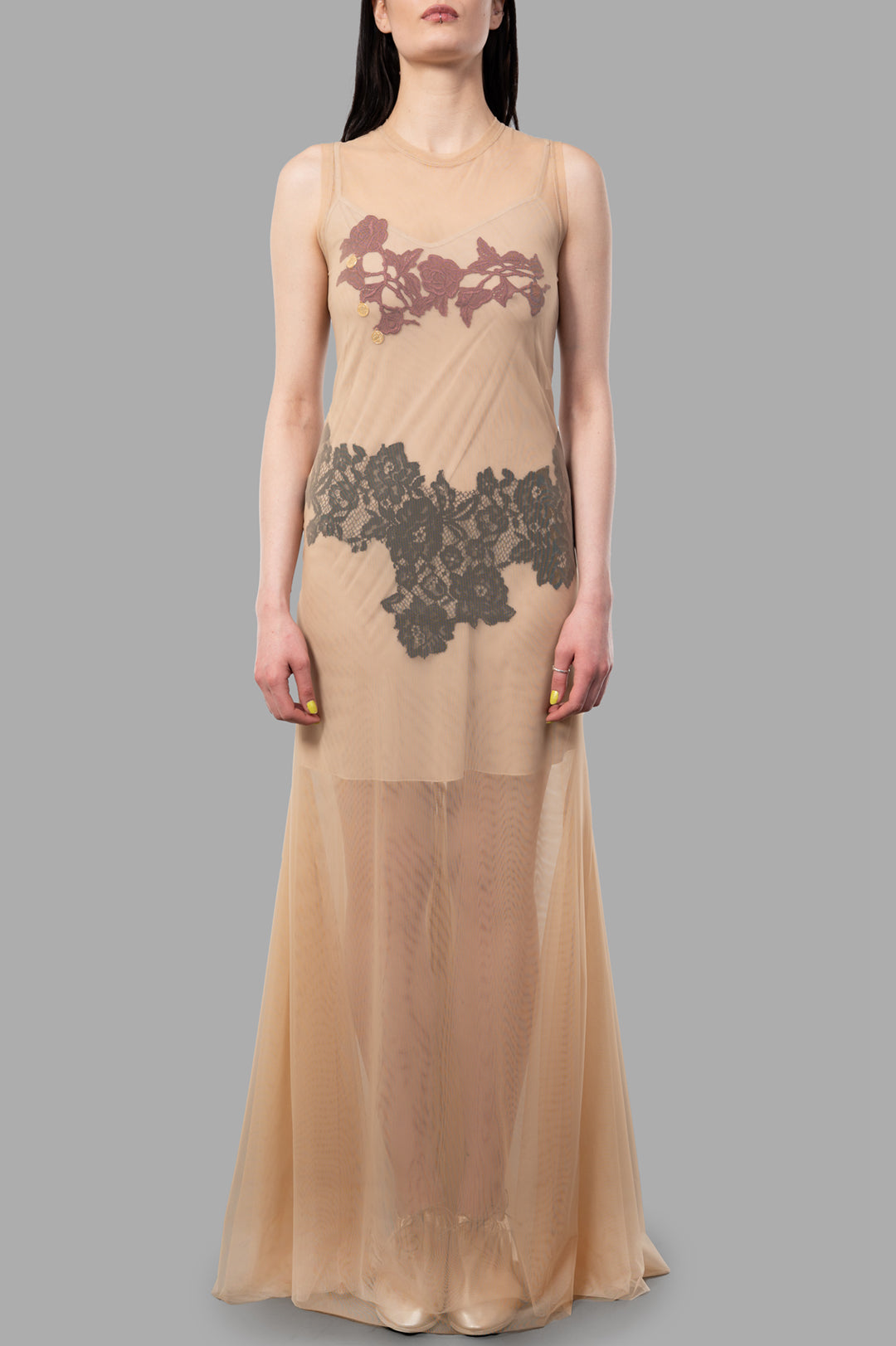 Sehnsucht Atelier Lace-detail Dress in Beige, showcasing semi-transparent fabric and intricate lace accents in a front view.