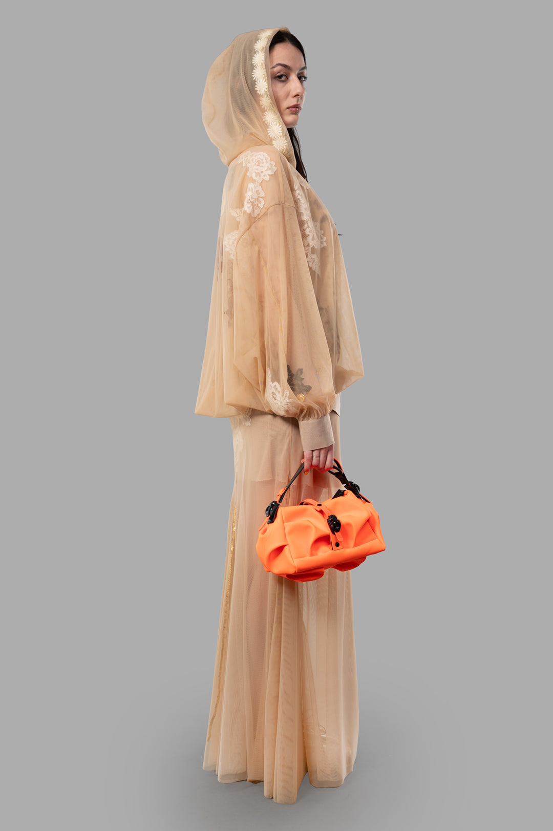 Sehnsucht Atelier See-through Hoodie in Beige, side view on model, featuring lace detail and oversized fit with steampunk.