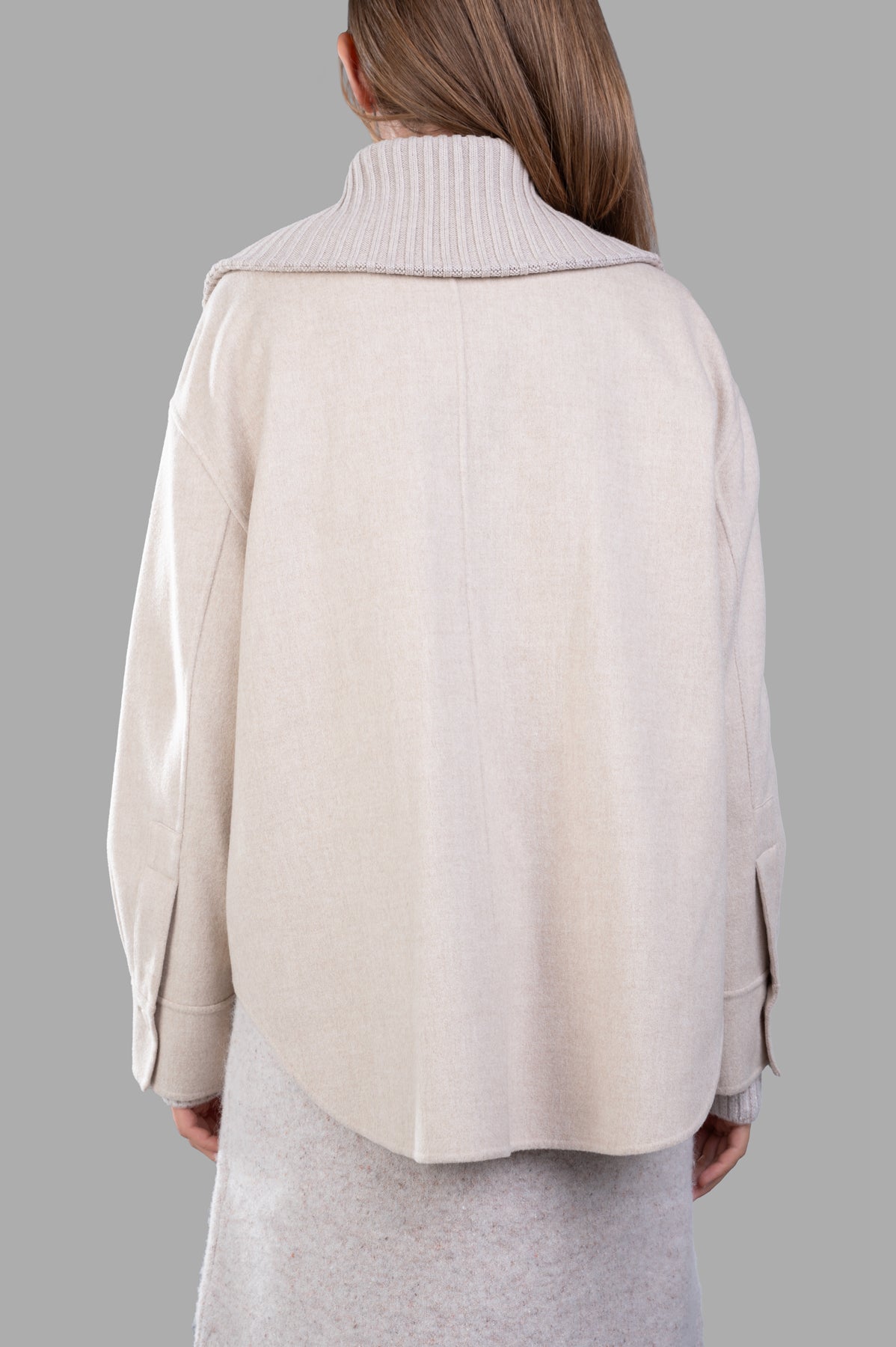 Joseph Light Overshirt Jacket in ecru, featuring a wide knitted collar and relaxed fit, displayed from the back.