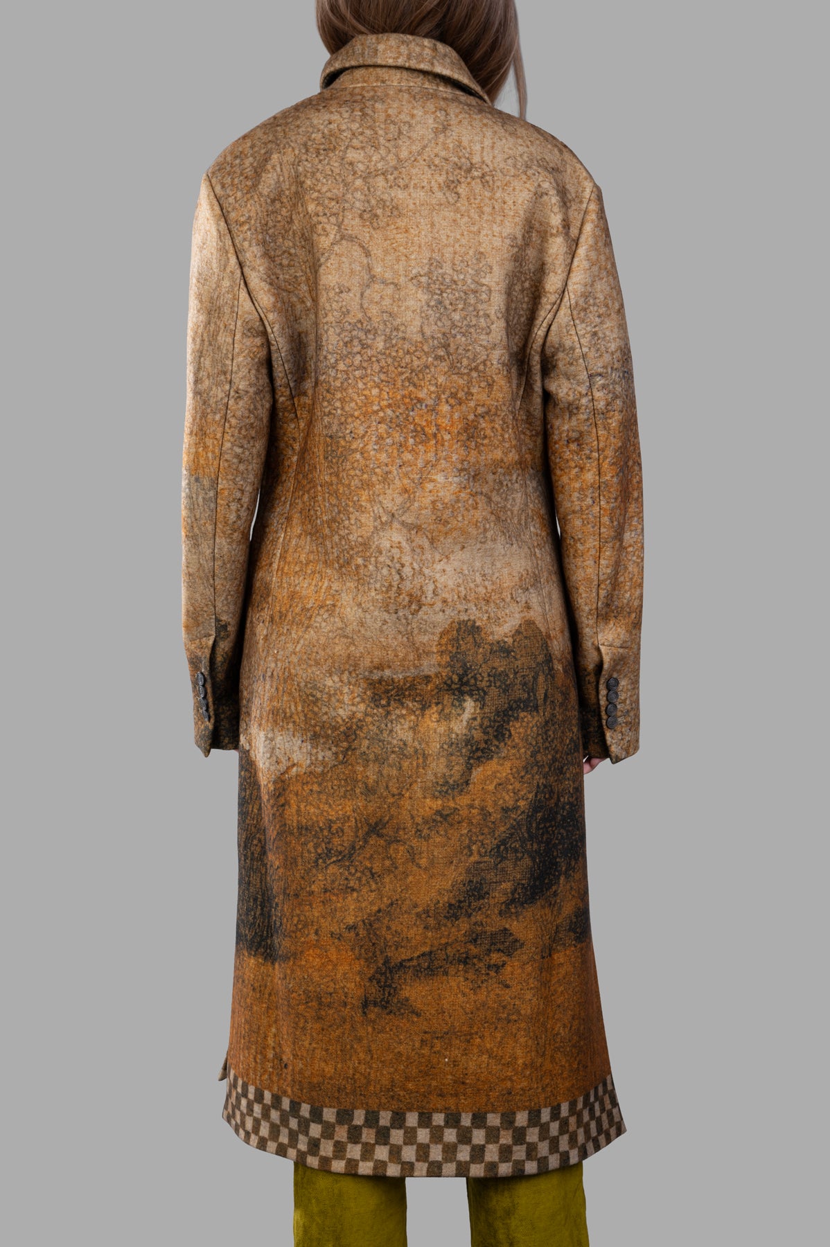 Masnada Printed Coat, showing back view with unique art print and checkerboard detailing, perfect for stylish layering.