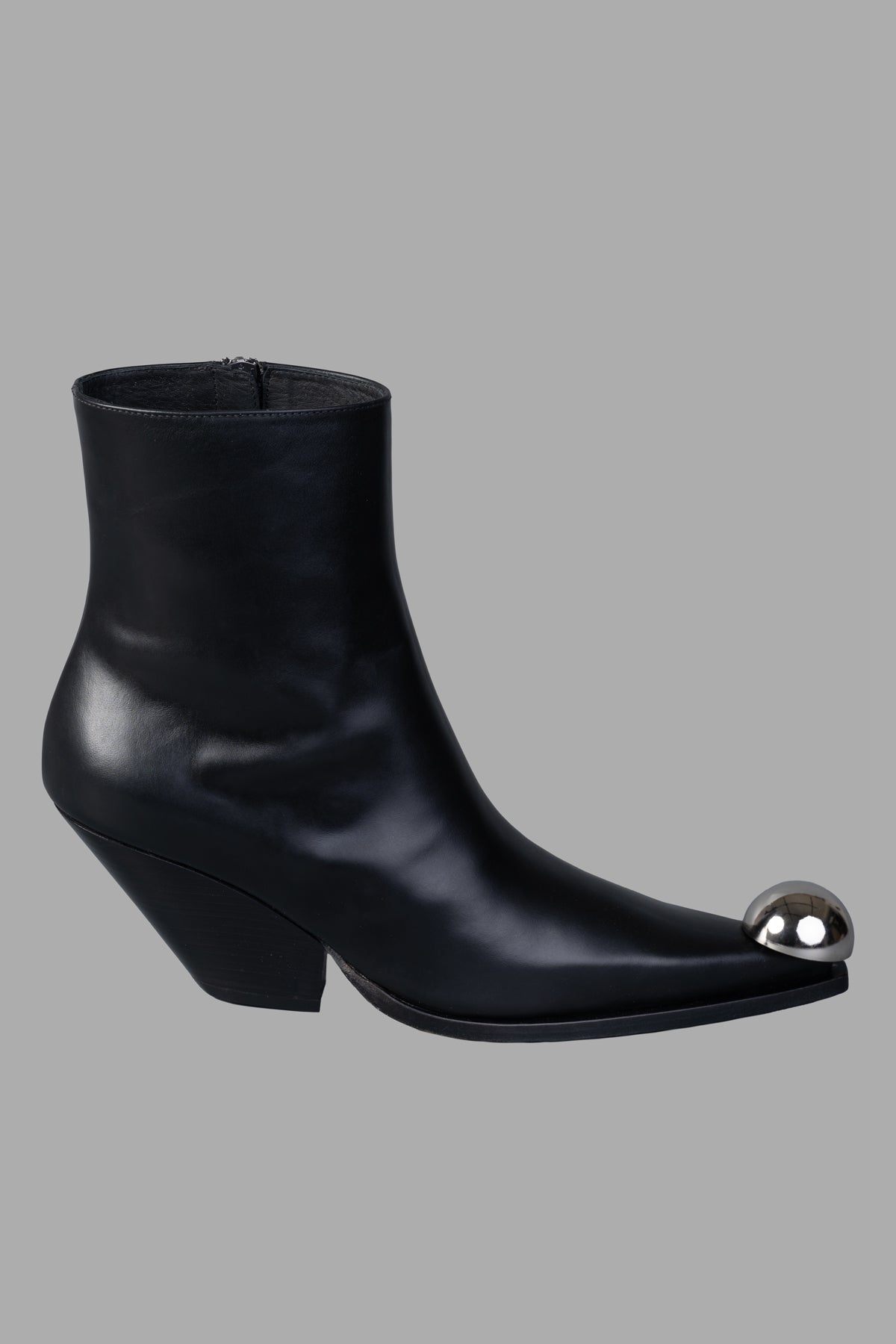 A.W.A.K.E. MODE Gabriel Cowboy Boots, side view of black leather with metallic toe, sleek and timeless design.