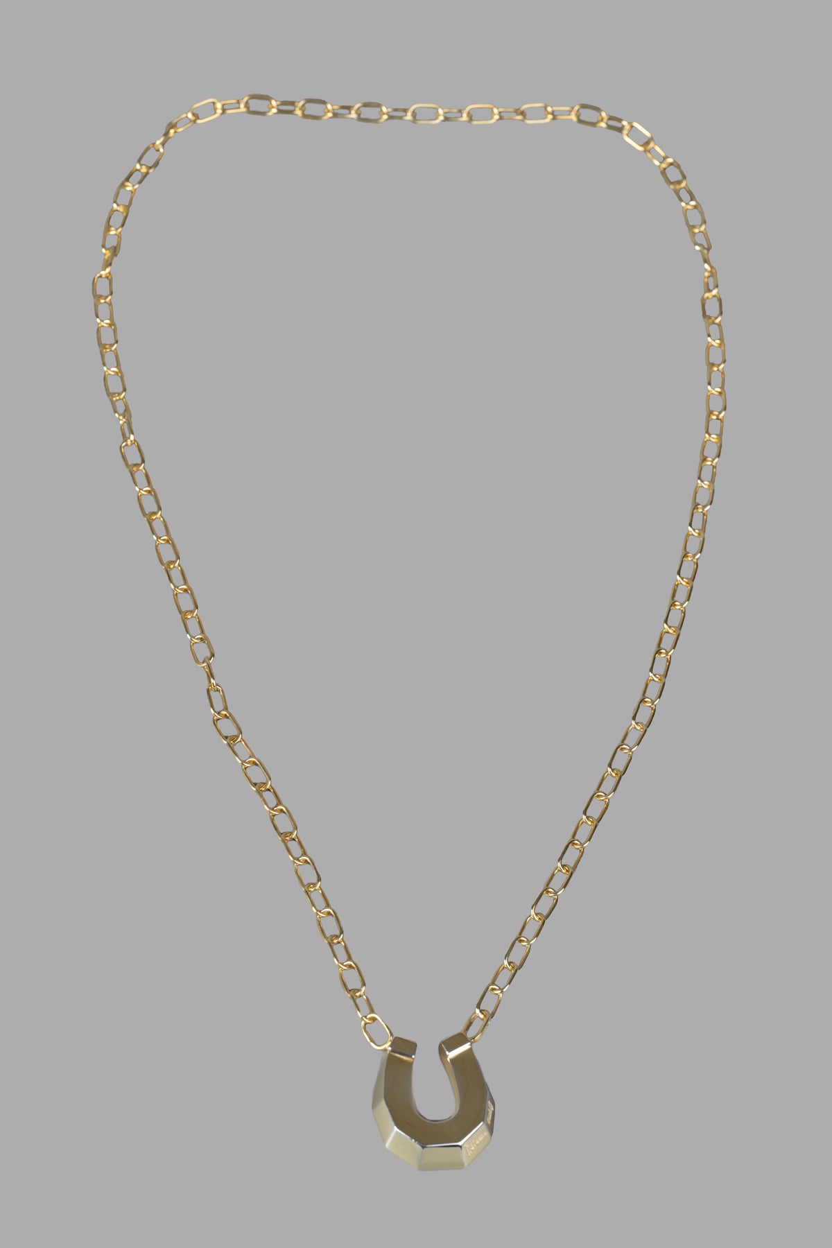 Natasha Zinko gold horseshoe necklace, front view. Features a chunky logo-engraved pendant on a stylish chain.