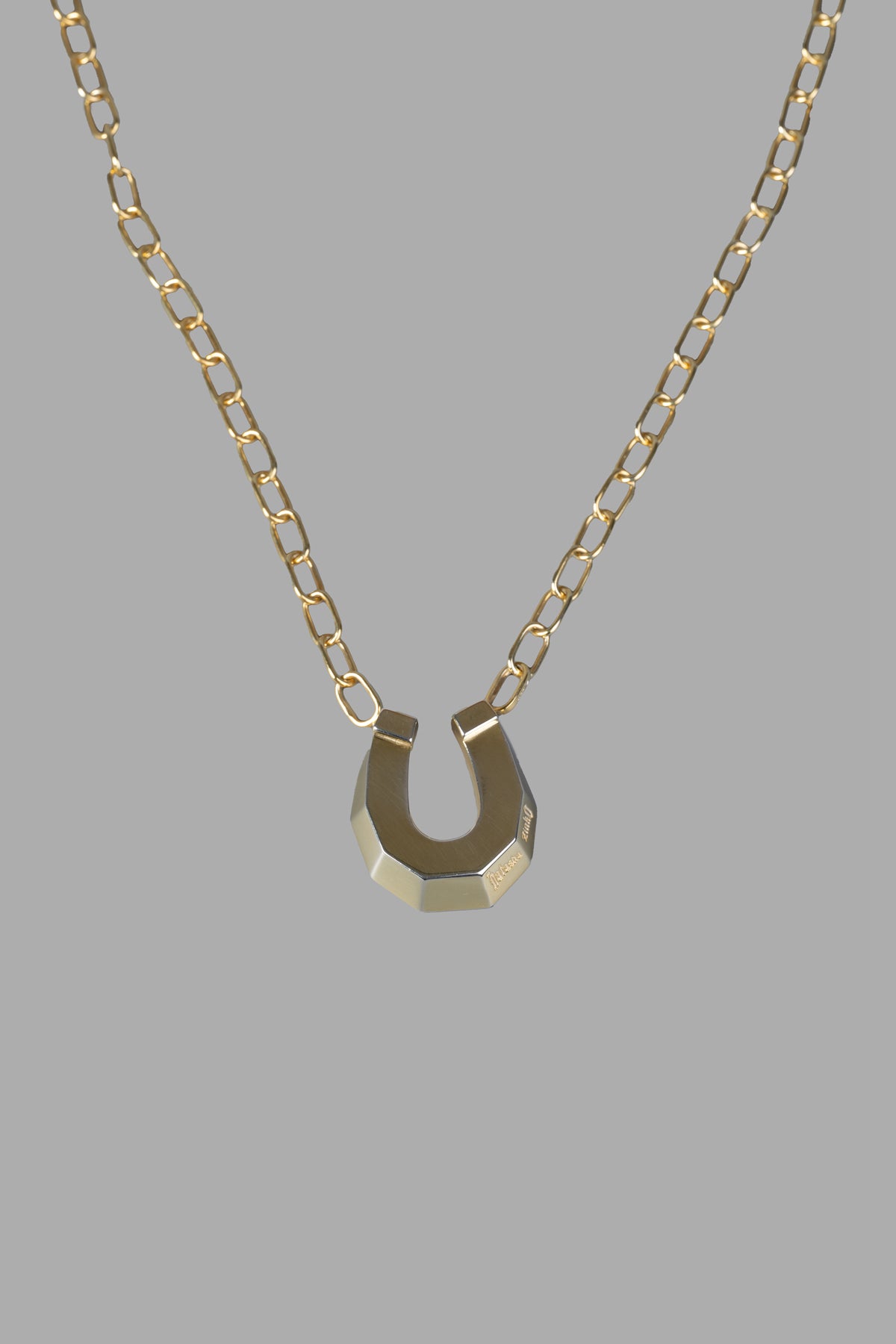 Natasha Zinko Horseshoe Necklace featuring a chunky gold logo pendant on a delicate chain, highlighting exquisite.
