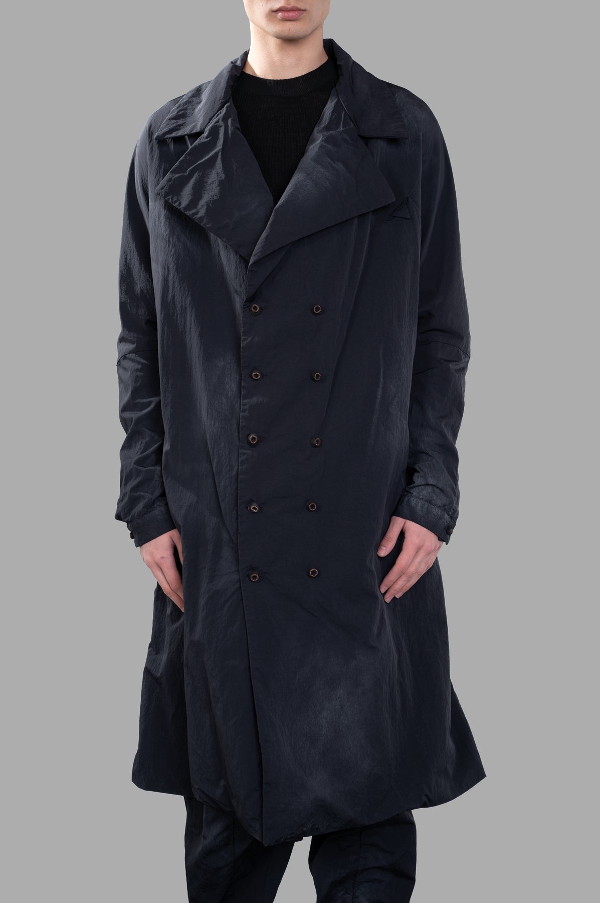 Marc Point Double-breasted Trench, oversized with faded-effect, belted, shown from the front in black nylon.