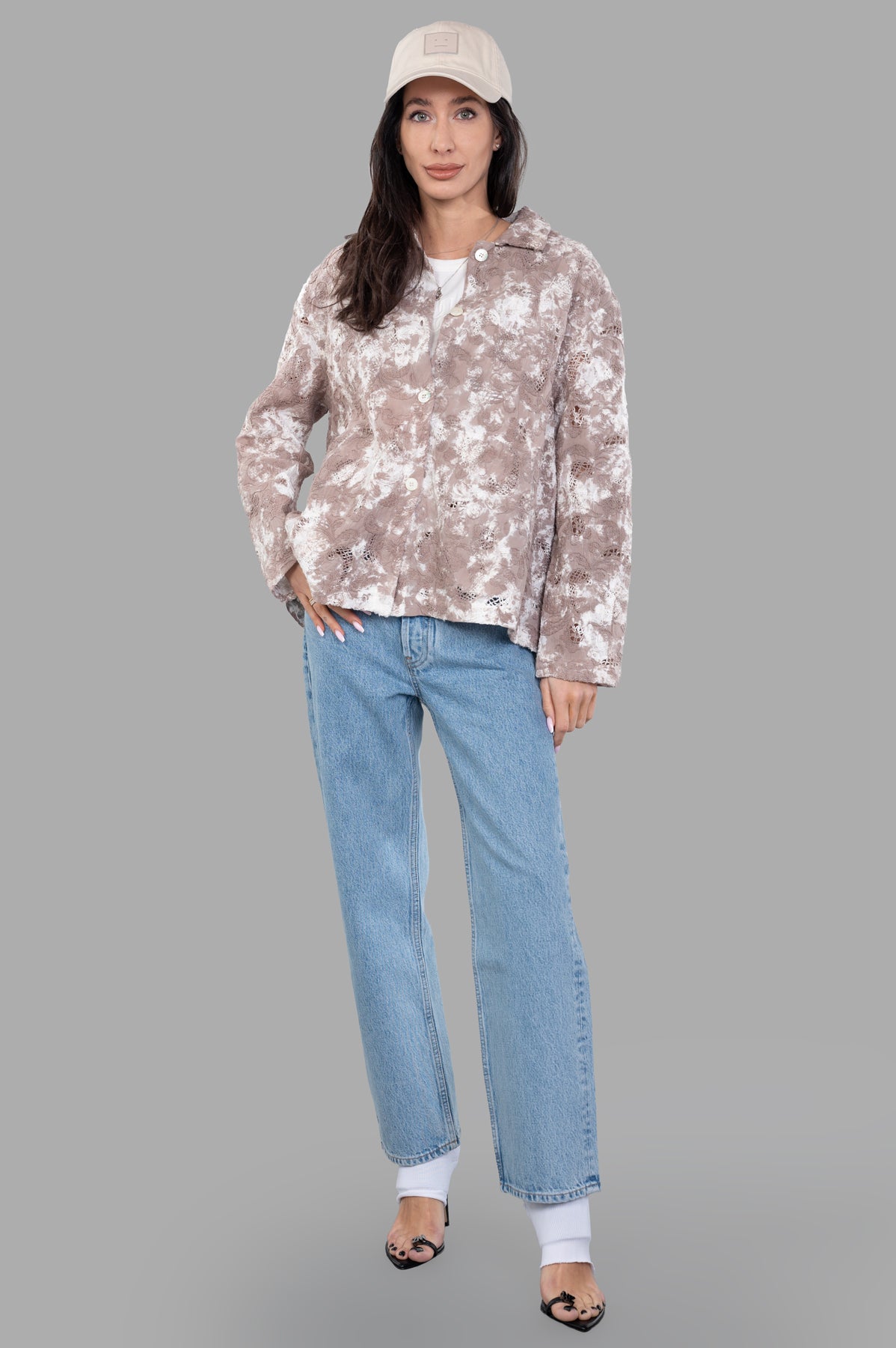 Avant Toi Tie Dye Cotton Jacket in beige, front view on model, showcasing soft fabric and hand-applied dye pattern.