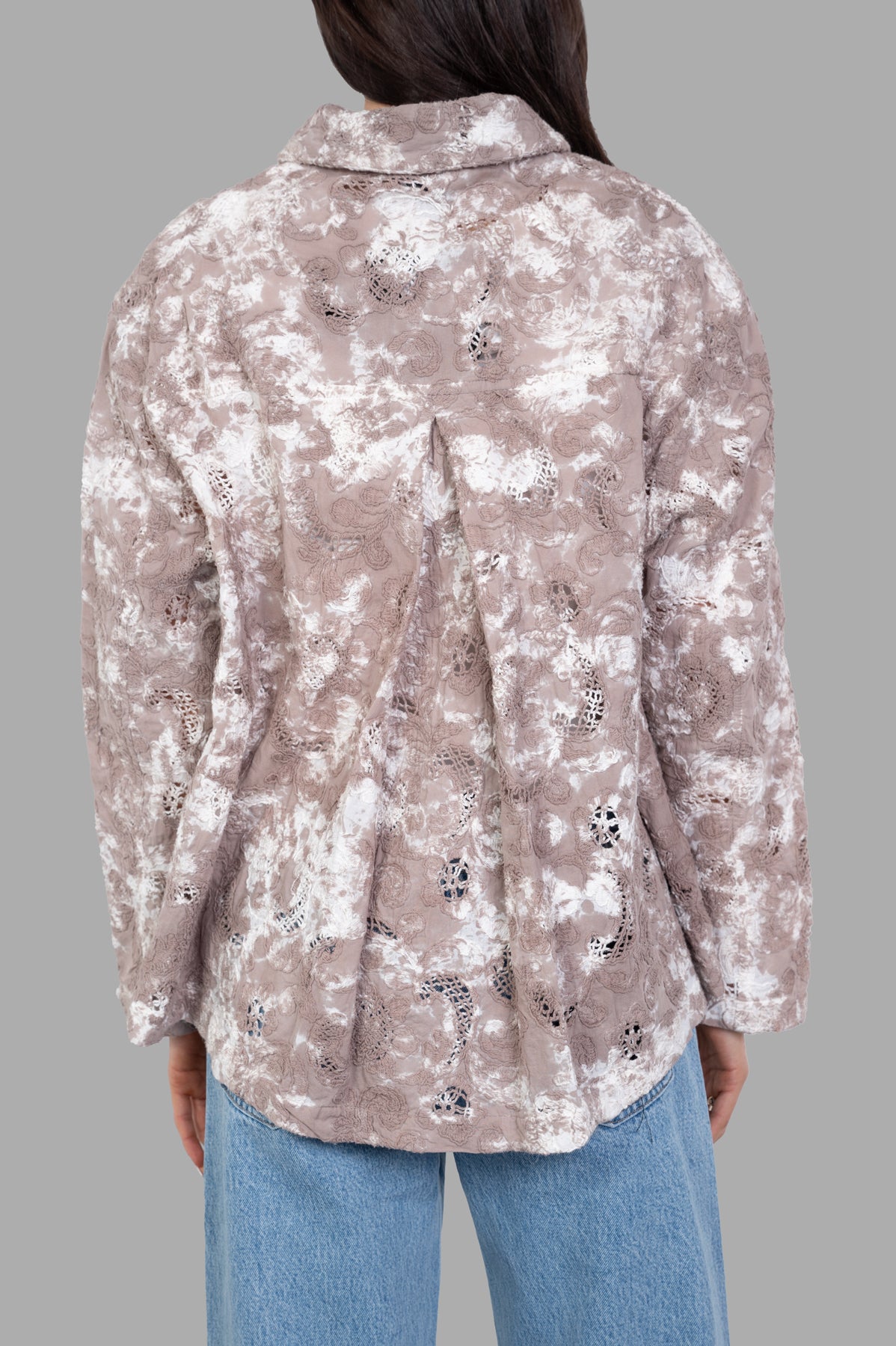 Avant Toi Tie Dye Cotton Jacket in beige, showcasing the intricate back detail and soft cotton texture on model.