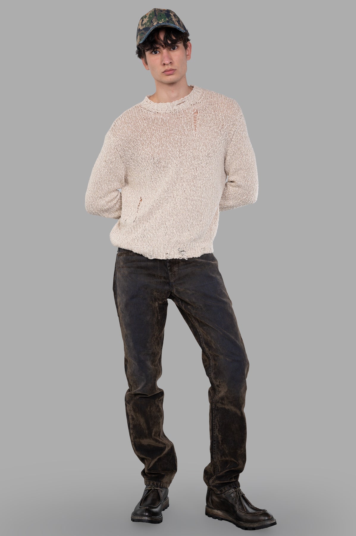 Helmut Lang Flocked Jeans, front view, worn, showcasing brown velvet texture and relaxed fit.