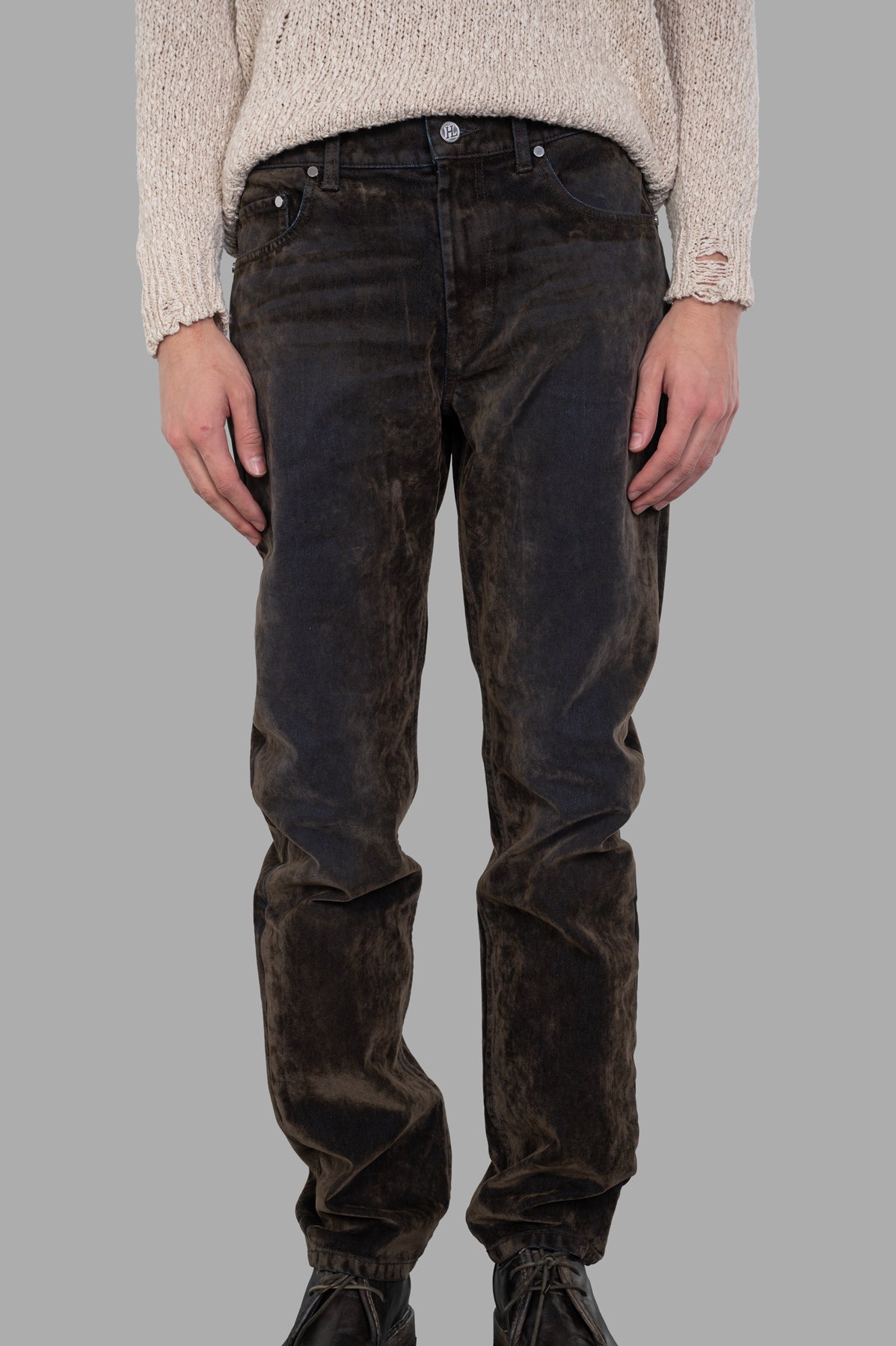 Helmut Lang Flocked Jeans in brown, mid-rise with a relaxed fit, showcasing textured velvet finish and five-pocket design.