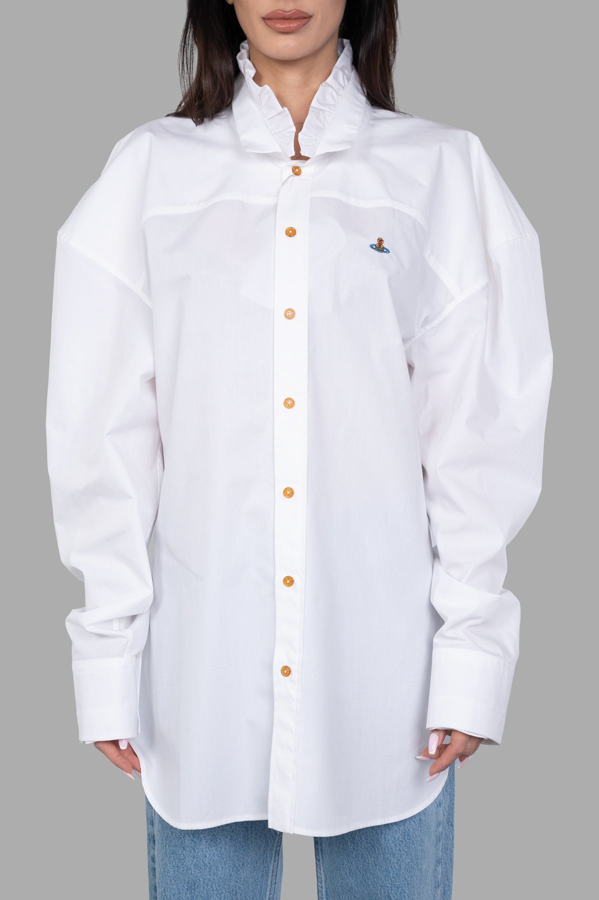 Vivienne Westwood Ruffled-collar Shirt showcased on model, featuring a ruched collar, gold buttons, and 100% cotton fabric.