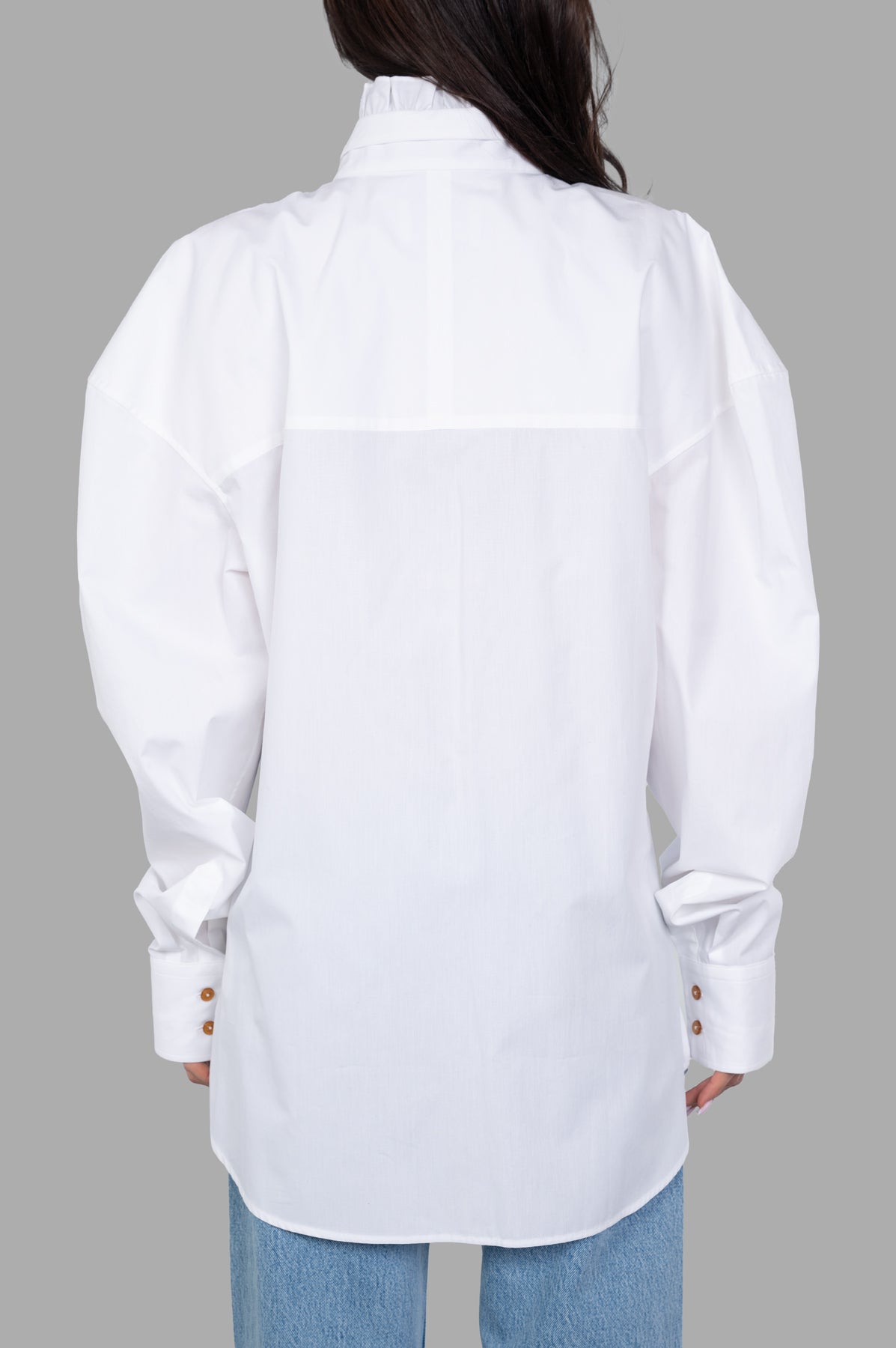 Vivienne Westwood Ruffled-collar Shirt, showcasing the back view with ruched collar and gold buttons, crafted in white.