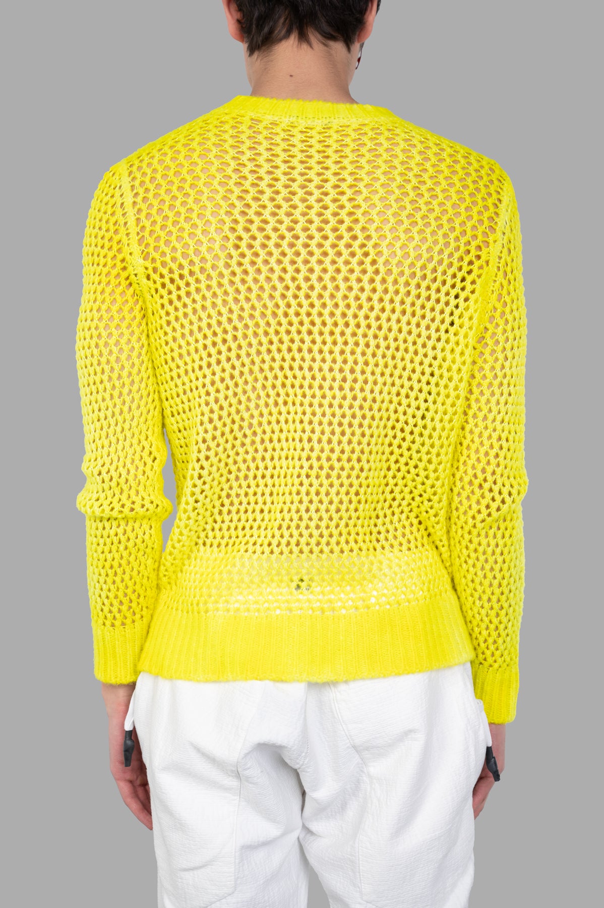 Avant Toi Open-knit Sweater in bright yellow, showing the back with detailed ribbed hem and cuffs, crafted from cashmere and.