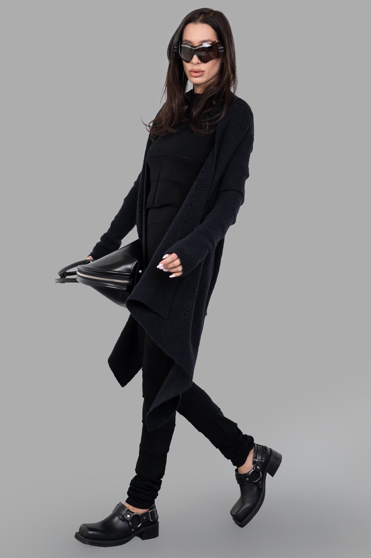 Rick Owens Draped Cardigan, loose-fit, black, on-model, front view, showing long sleeves and open front design.