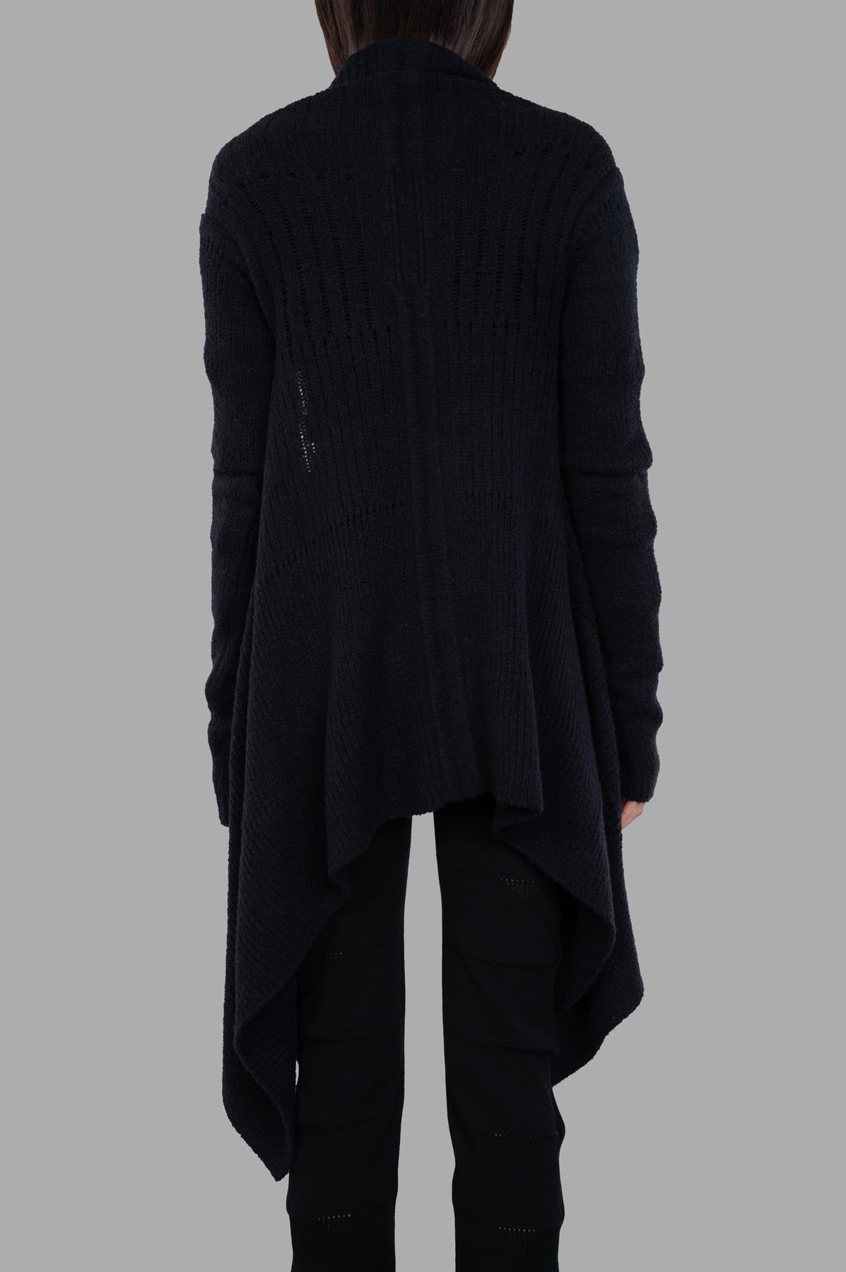 Rick Owens Draped Cardigan shown from the back, featuring a loose-fit design and long sleeves in black wool blend.