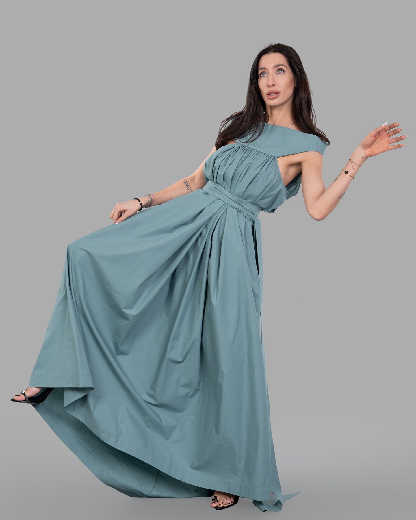 Rick Owens Hollywood Chalice Gown in green, featuring wide square collar, voluminous flared design, and ankle-length hem.