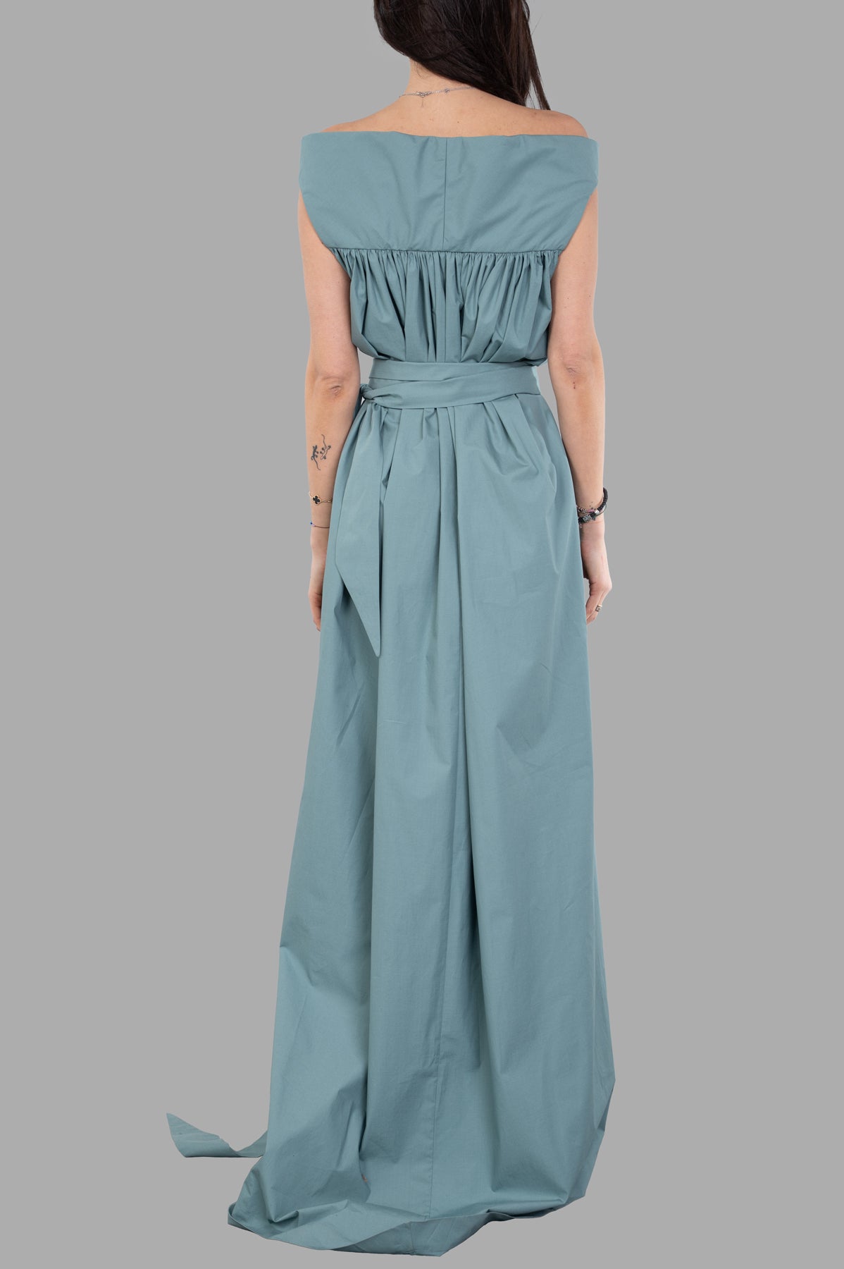 Rick Owens Hollywood Chalice Gown in green, showing the elegant back, gathered bodice, and removable belt detail.
