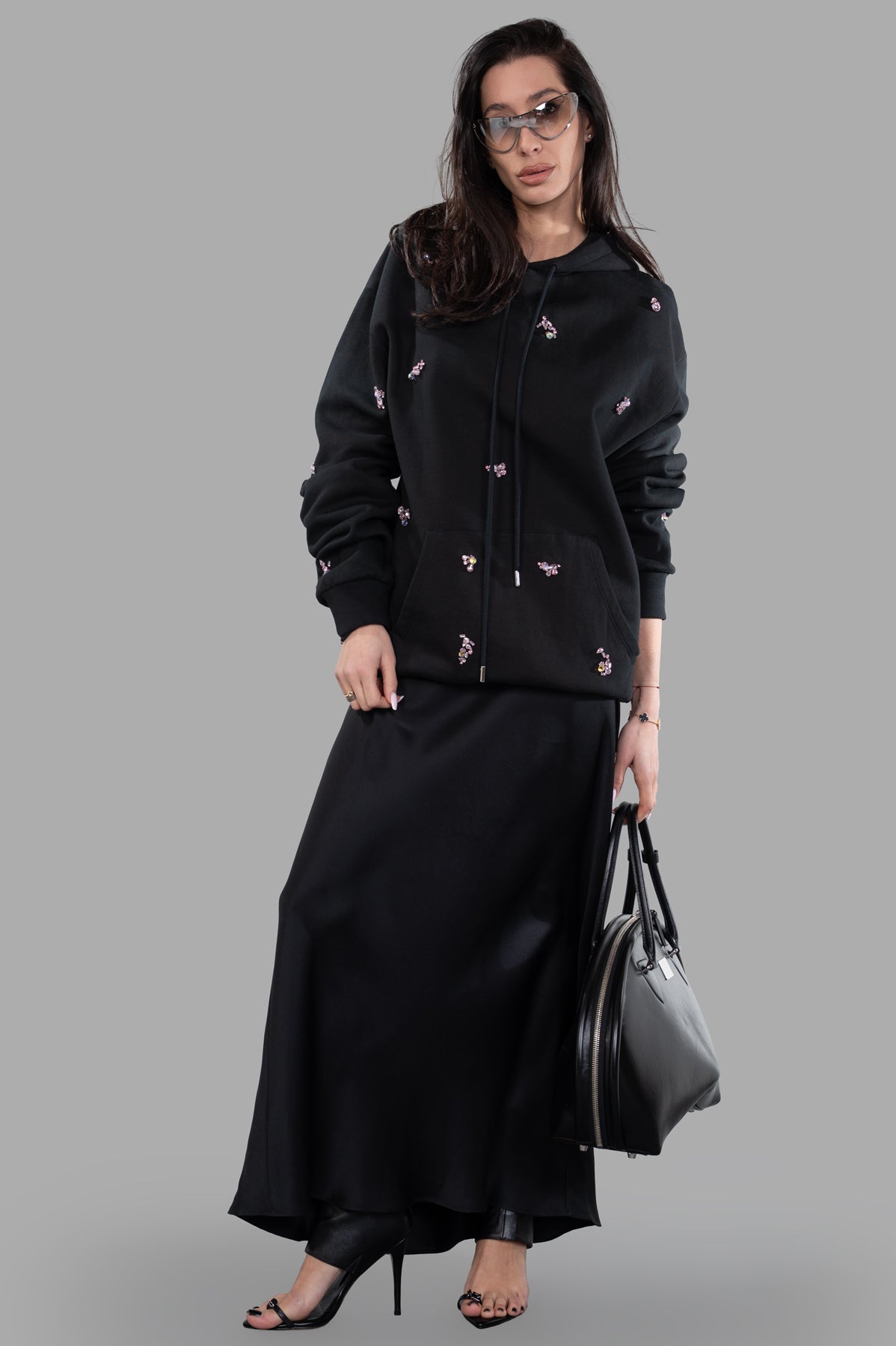 DES PHEMMES Bedazzled Hoodie shown from front on-model, featuring delicate embellishments and stylish fit.