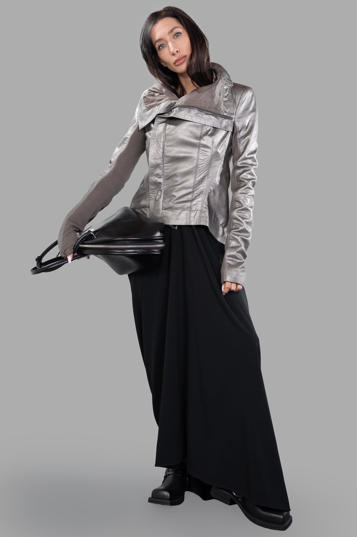 Rick Owens Hollywood Naska Biker Jacket in silver leather, front view on model, showing unique double-breasted design.