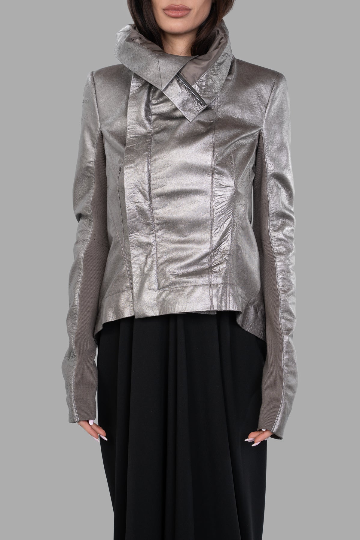 Rick Owens Hollywood Naska Biker Jacket in silver, showcasing a double-breasted front and high funnel neck design.