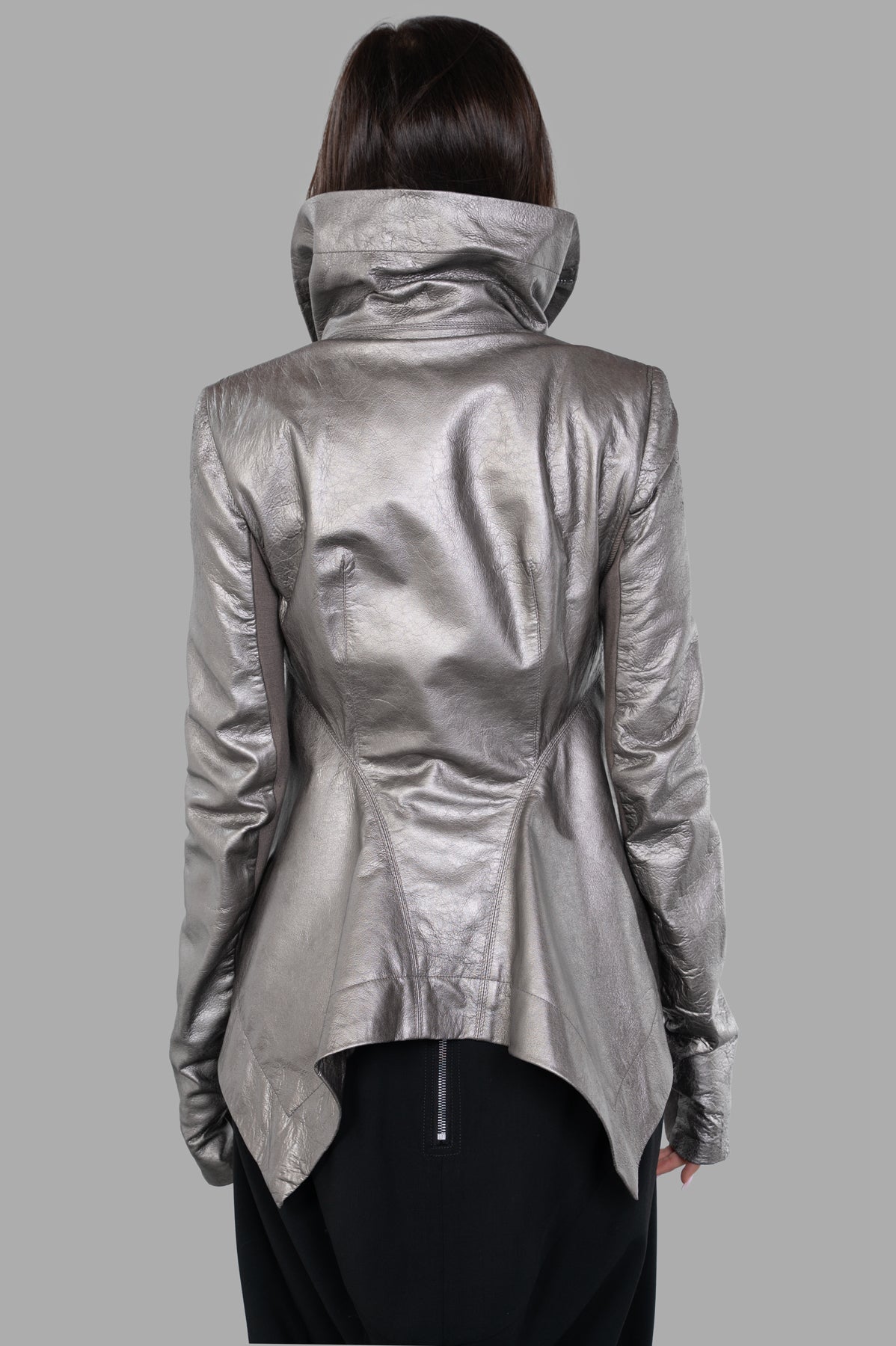 Rick Owens Hollywood Naska Biker Jacket, back view showcasing silver lamb leather and high collar design with curved hem.