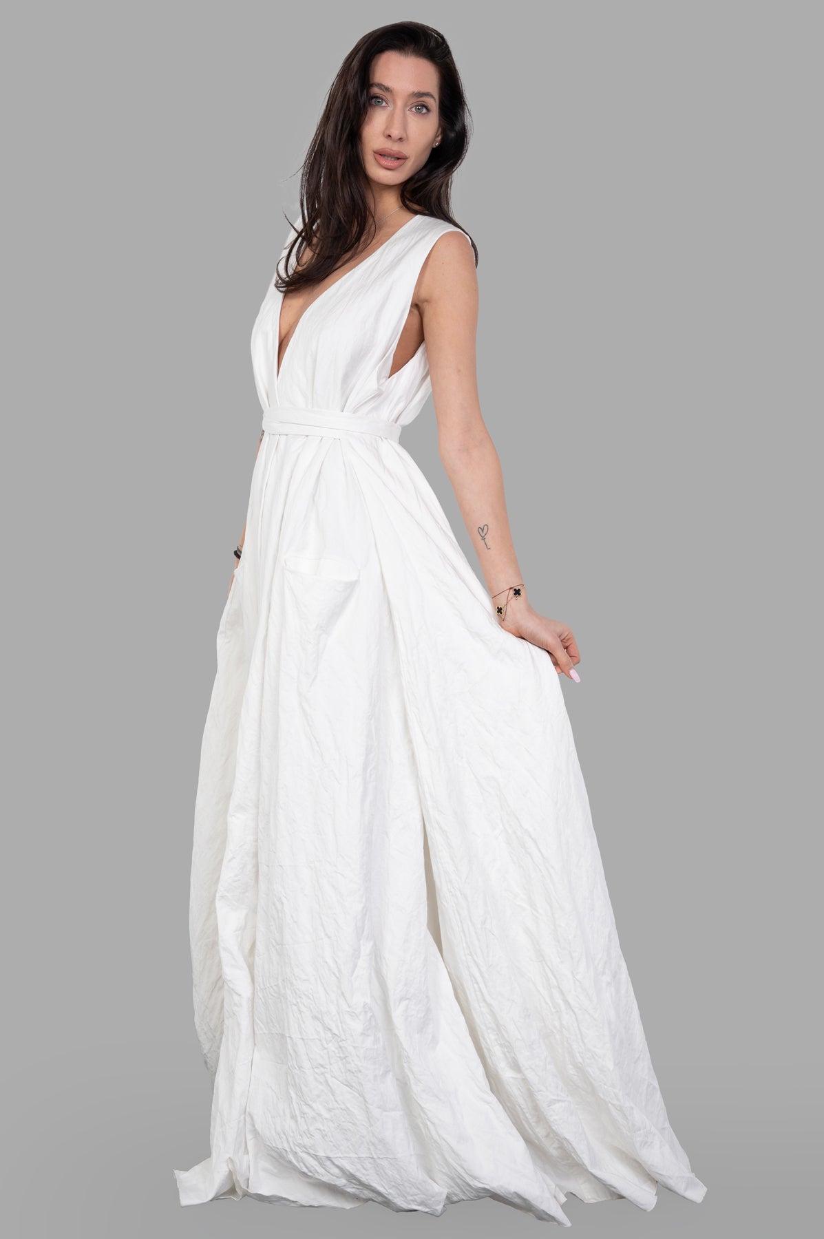 Marc Point Crinkled Dress with deep neckline, belted waist, front view on model, elegant white cotton blend.