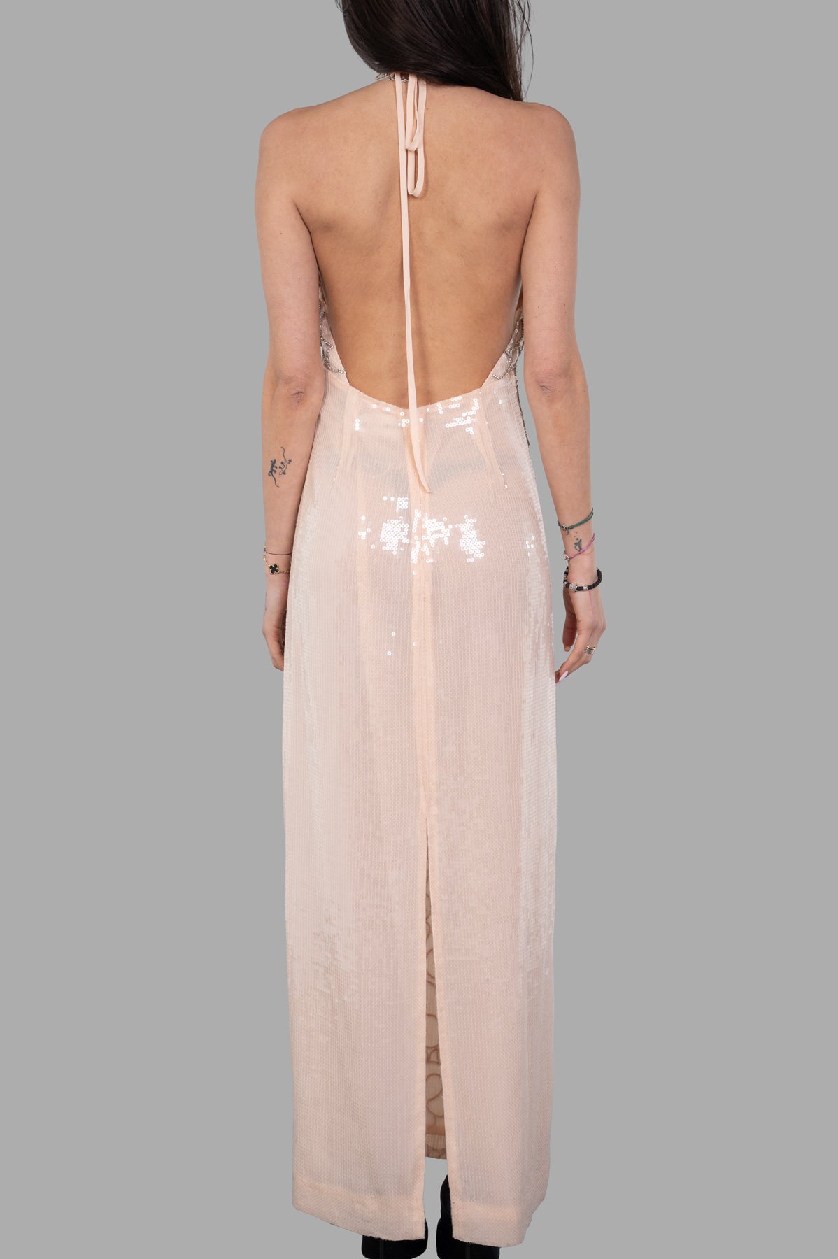 DES PHEMMES Sequined Floral Halter Dress showcasing a daring low back and beaded floral details in pink, featuring self-tie.