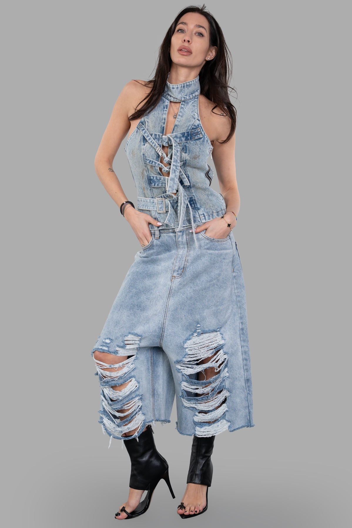 Natasha Zinko Treated Strapped-in Top, on-model, blue denim halter, adventurous design with front strap detailing.