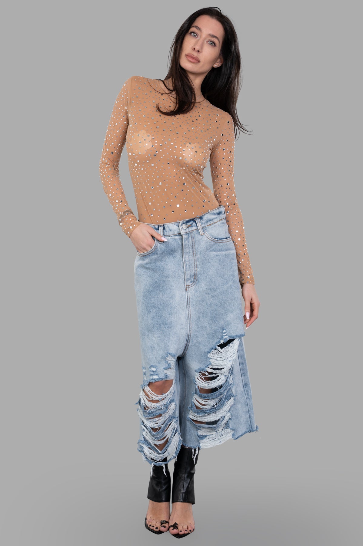 DES PHEMMES Crystal-embellished Body in beige, front view on model, sheer long sleeves with sparkling details.
