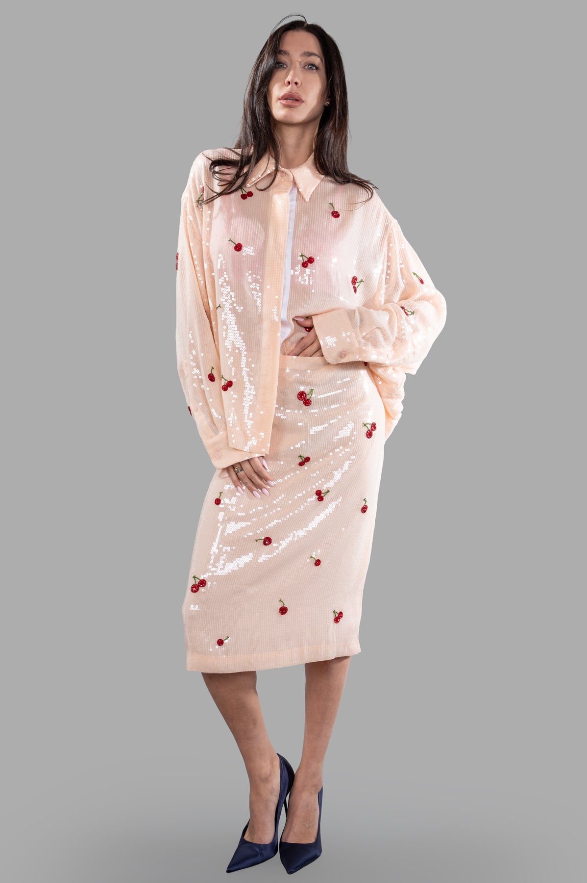 DES PHEMMES Sequined Cherry Boyfriend Shirt in pink, featuring sparkling cherries, worn front view with relaxed fit and.