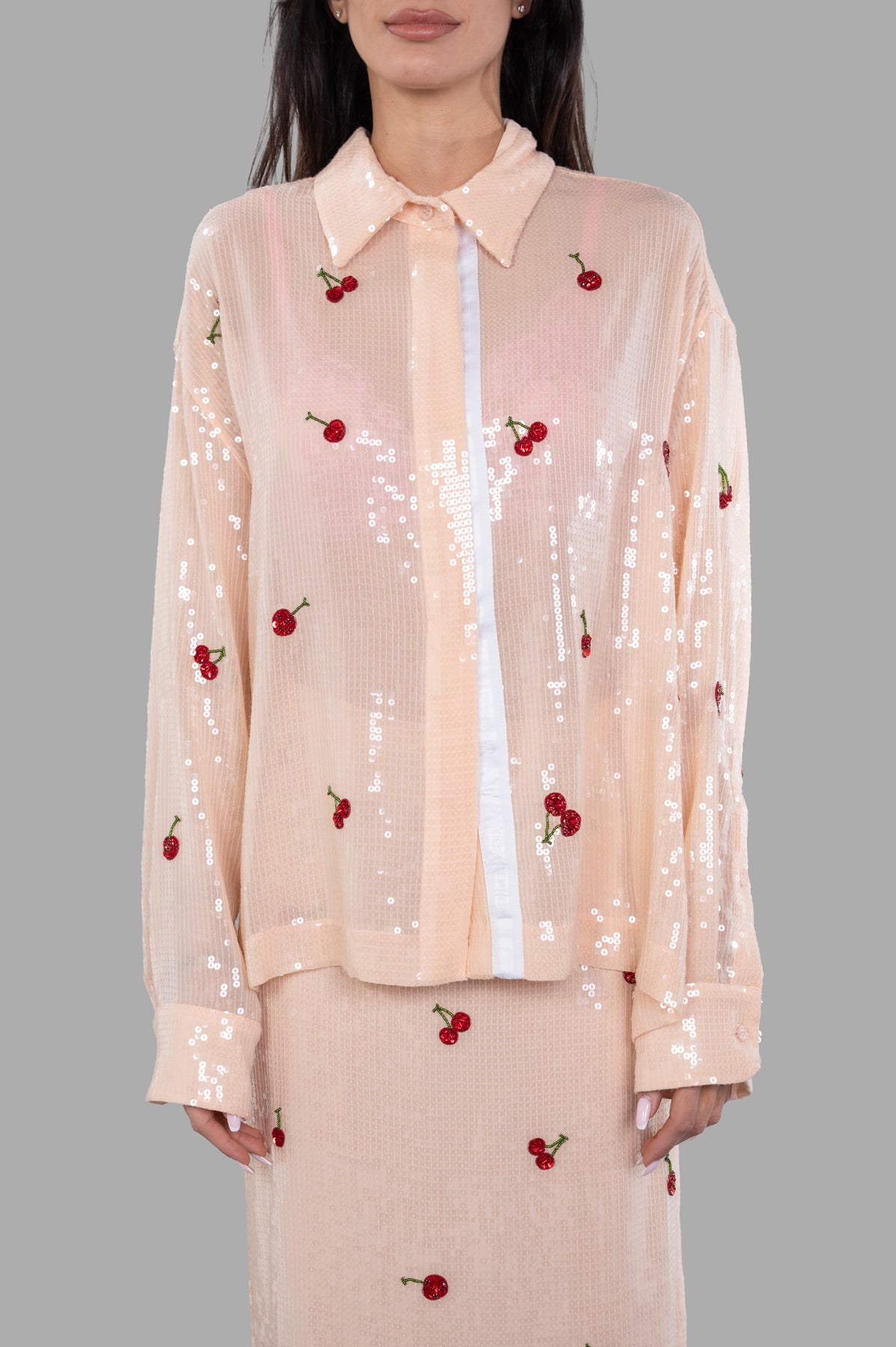 DES PHEMMES Sequined Cherry Boyfriend Shirt featuring a sparkling sequin cherry design, relaxed fit with point collar, on.