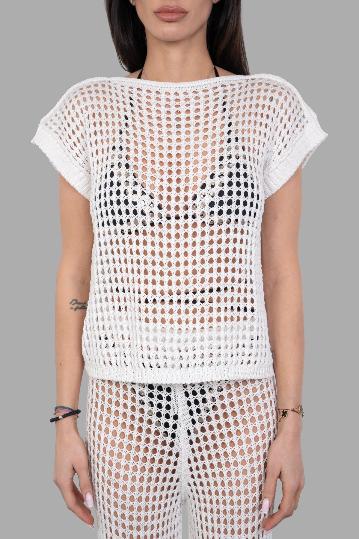 Marc Point Beach Cover-Up Top in White, featuring a knit design, on-model highlighting a stylish layered look.