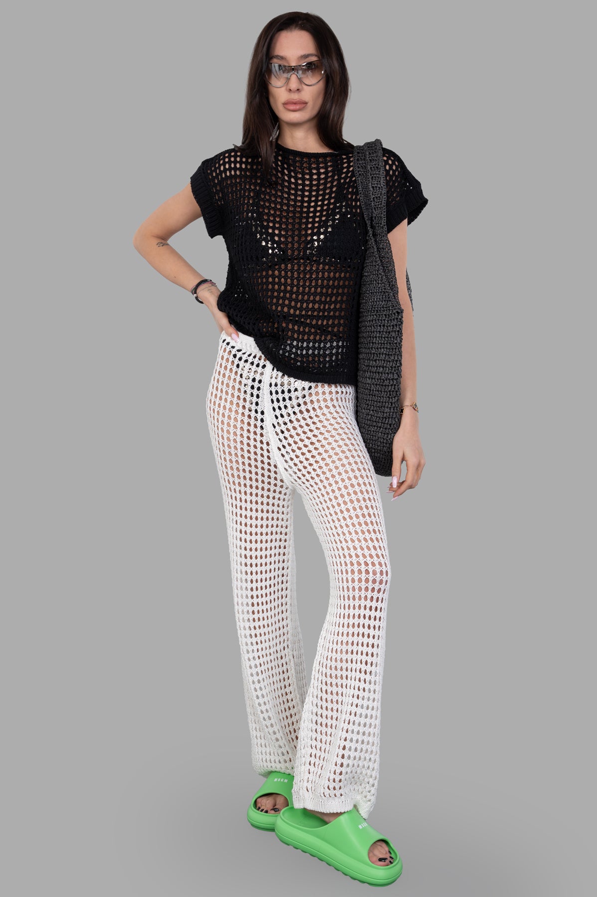 Marc Point Beach Cover-Up Pants in White, front view on-model, paired with black top and green sandals.
