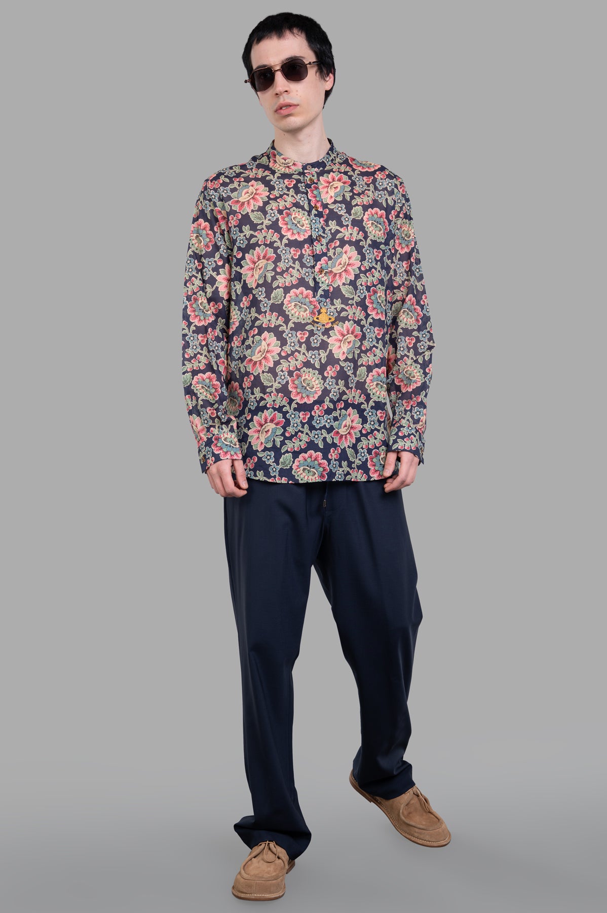 Vivienne Westwood Floral Mandarin Shirt on-model, multicolor floral print, mandarin collar, tailored, orb embroidery detail.