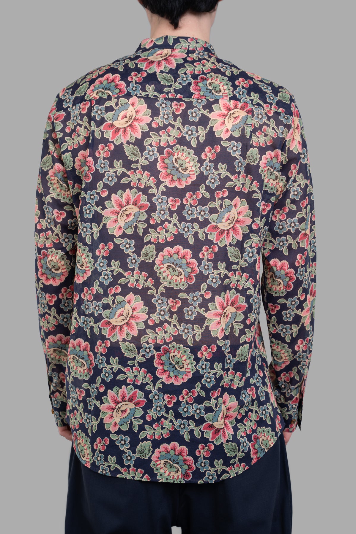 Vivienne Westwood Floral Mandarin Shirt, multicolor floral print, back view showcasing vibrant design and tailored silhouette.