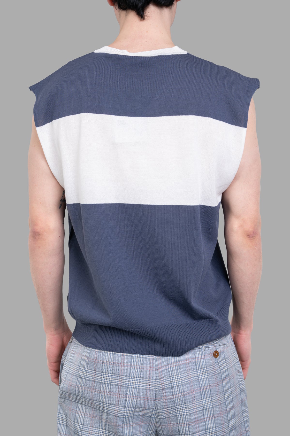 Vivienne Westwood Striped Sweater Vest in blue/white, featuring a color-block design, shown from the back on a model.