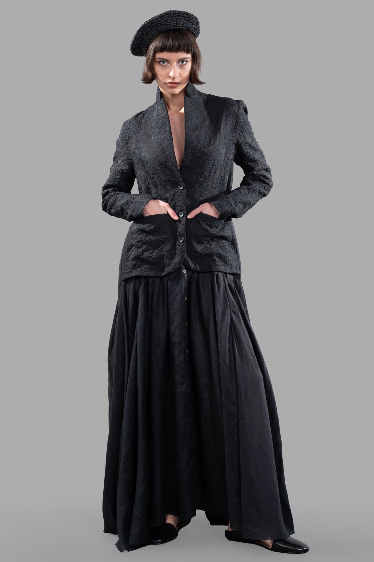 Marc Point black Long Dress Coat front view on-model, showcasing elegant texture and versatile design for sophisticated.