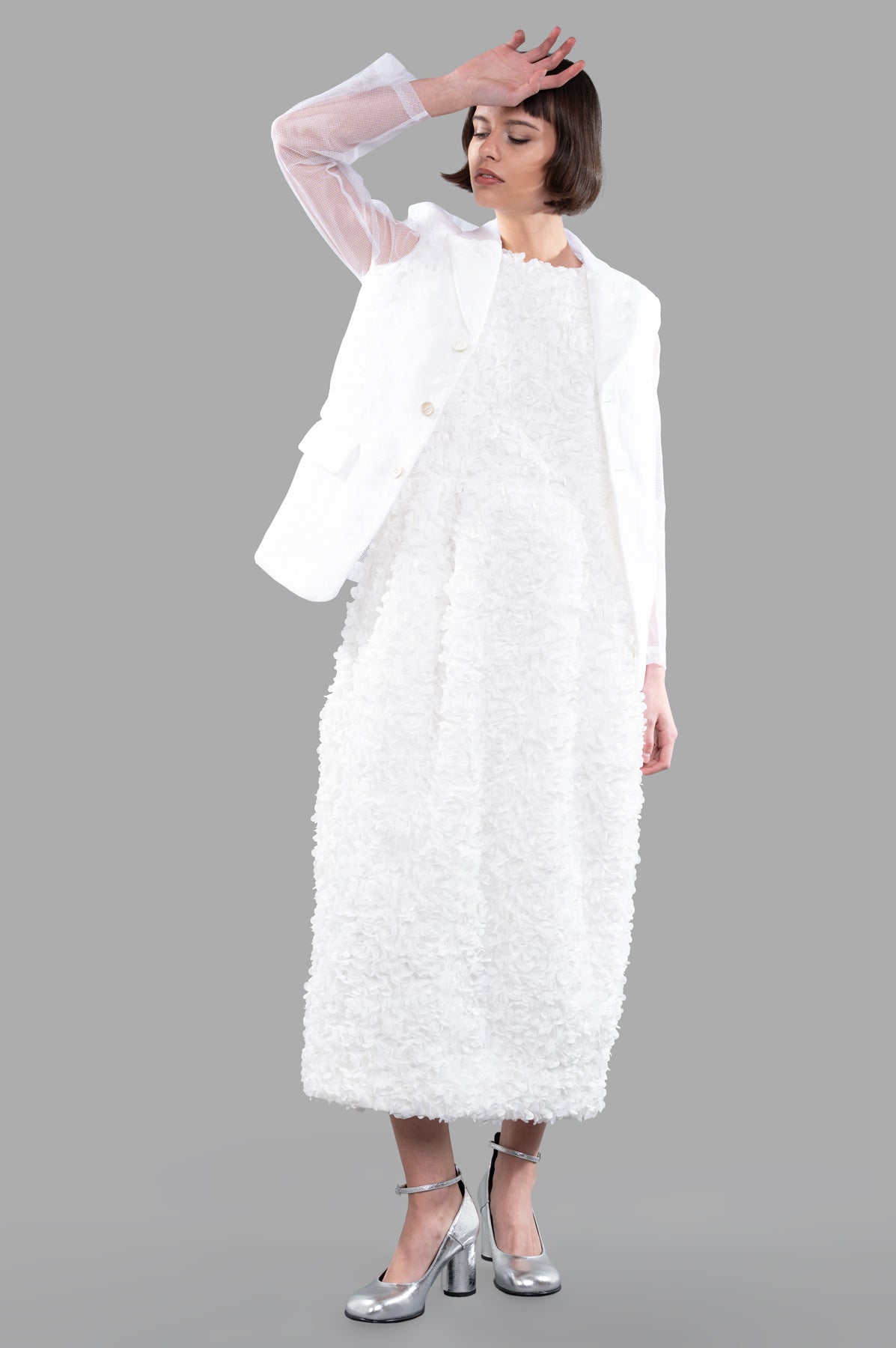 Comme des Garçons Flower-embroidery Jacket, front view on model, white tailored blazer with tonal tulle overlay.
