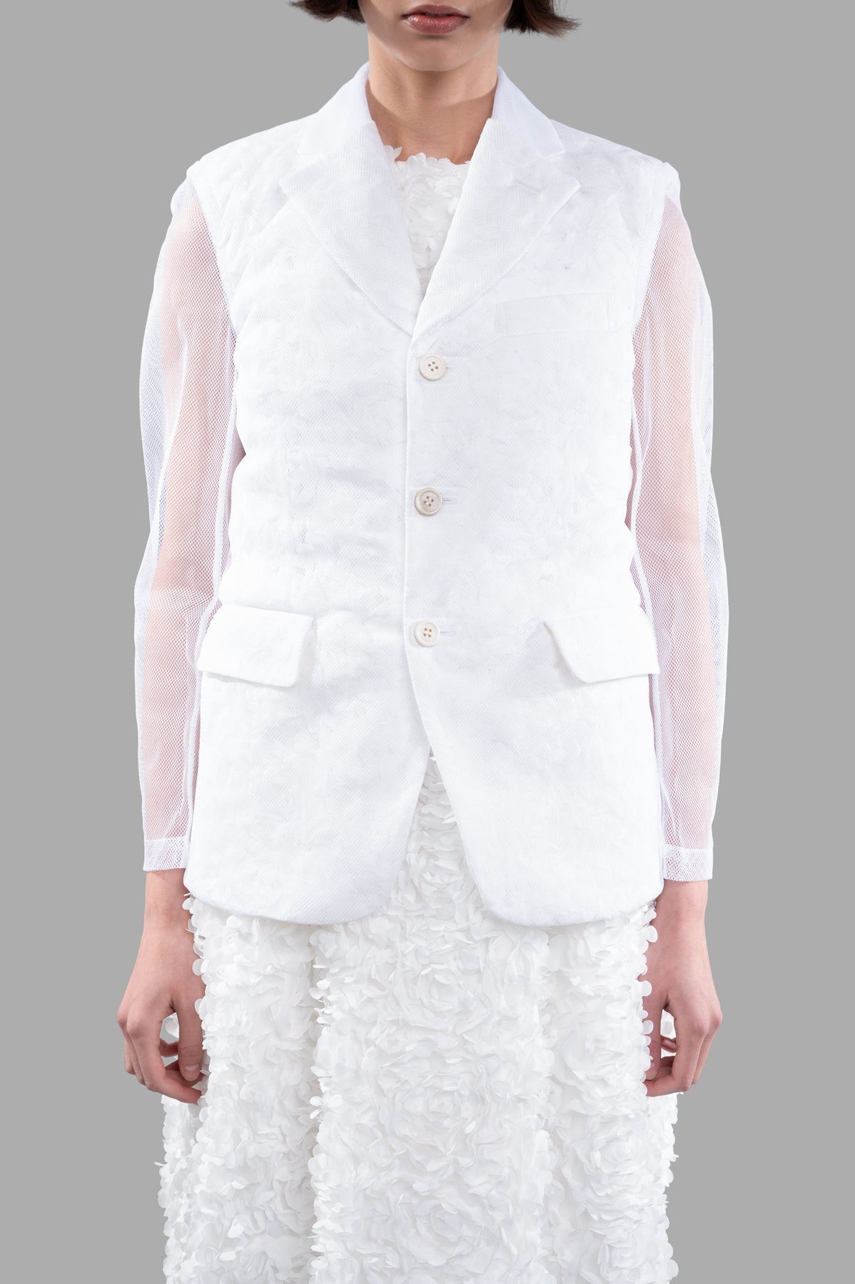 Comme des Garçons Flower-embroidery Jacket, white tailored blazer with tulle overlay and button closure, shown front view.