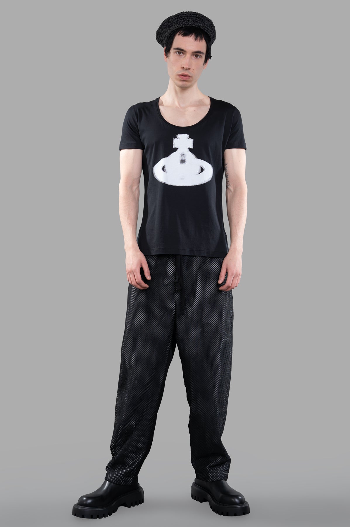 Vivienne Westwood Orb-print Logo T-shirt in black and white, featuring a u-neck and short sleeves, shown on model, front.