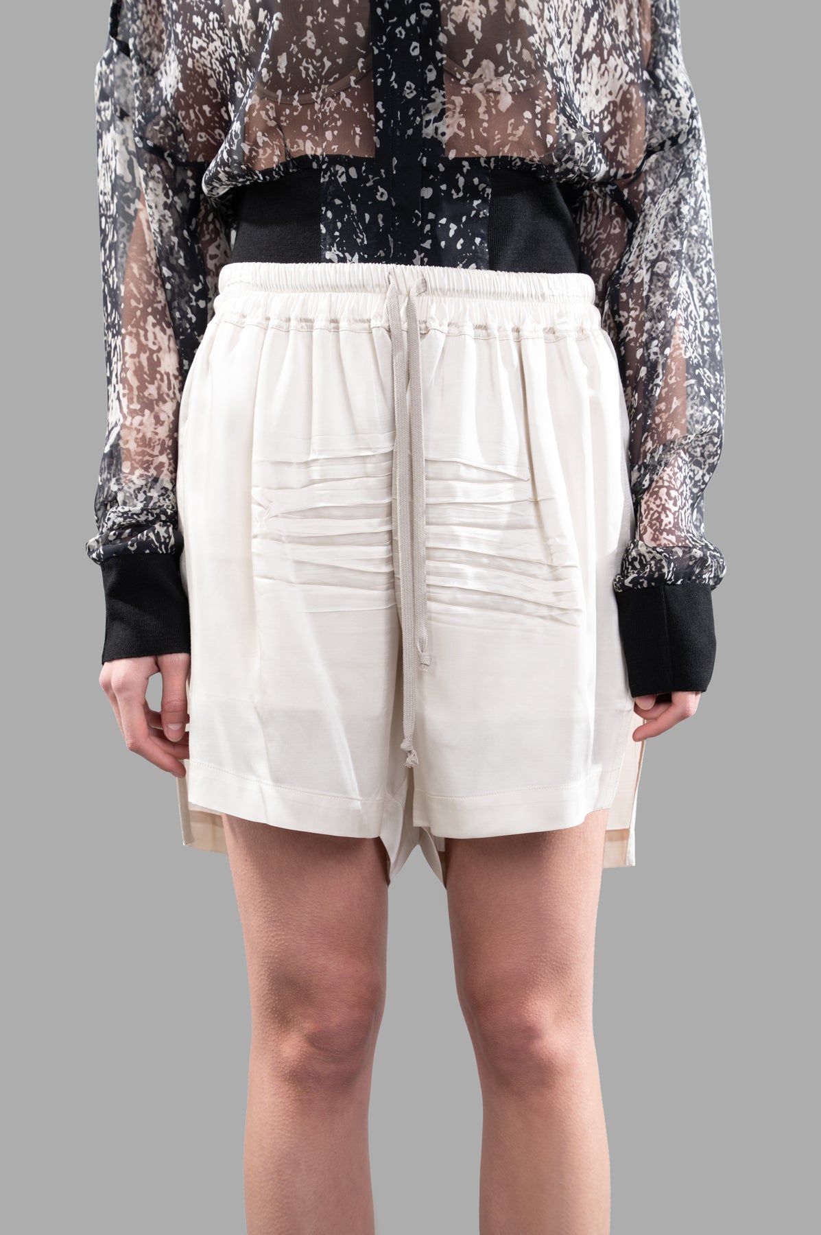 Rick Owens Creased Boxer Shorts in ivory, showcasing the elasticized waistband and edgy creased design.
