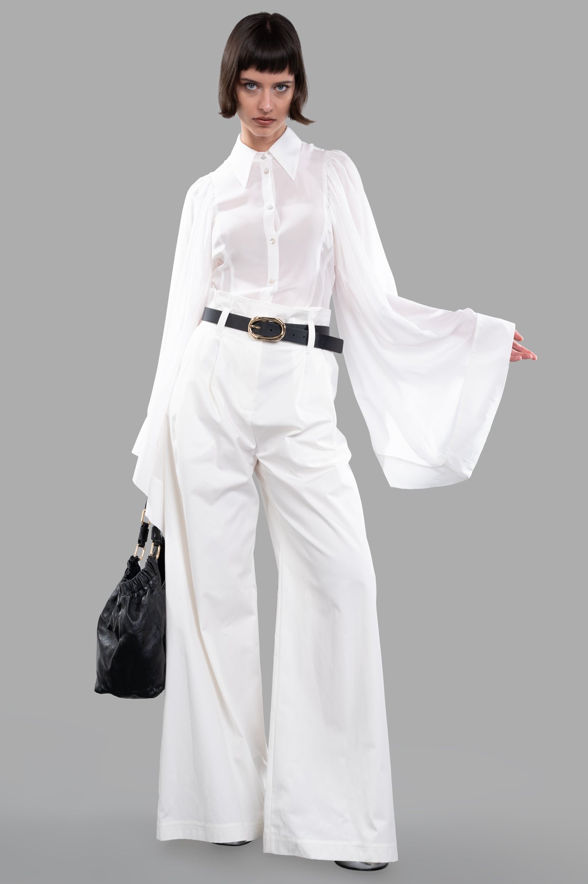 Sehnsucht Atelier Bell-sleeve Shirt, front view on-model, featuring flowing sleeves and tailored fit.