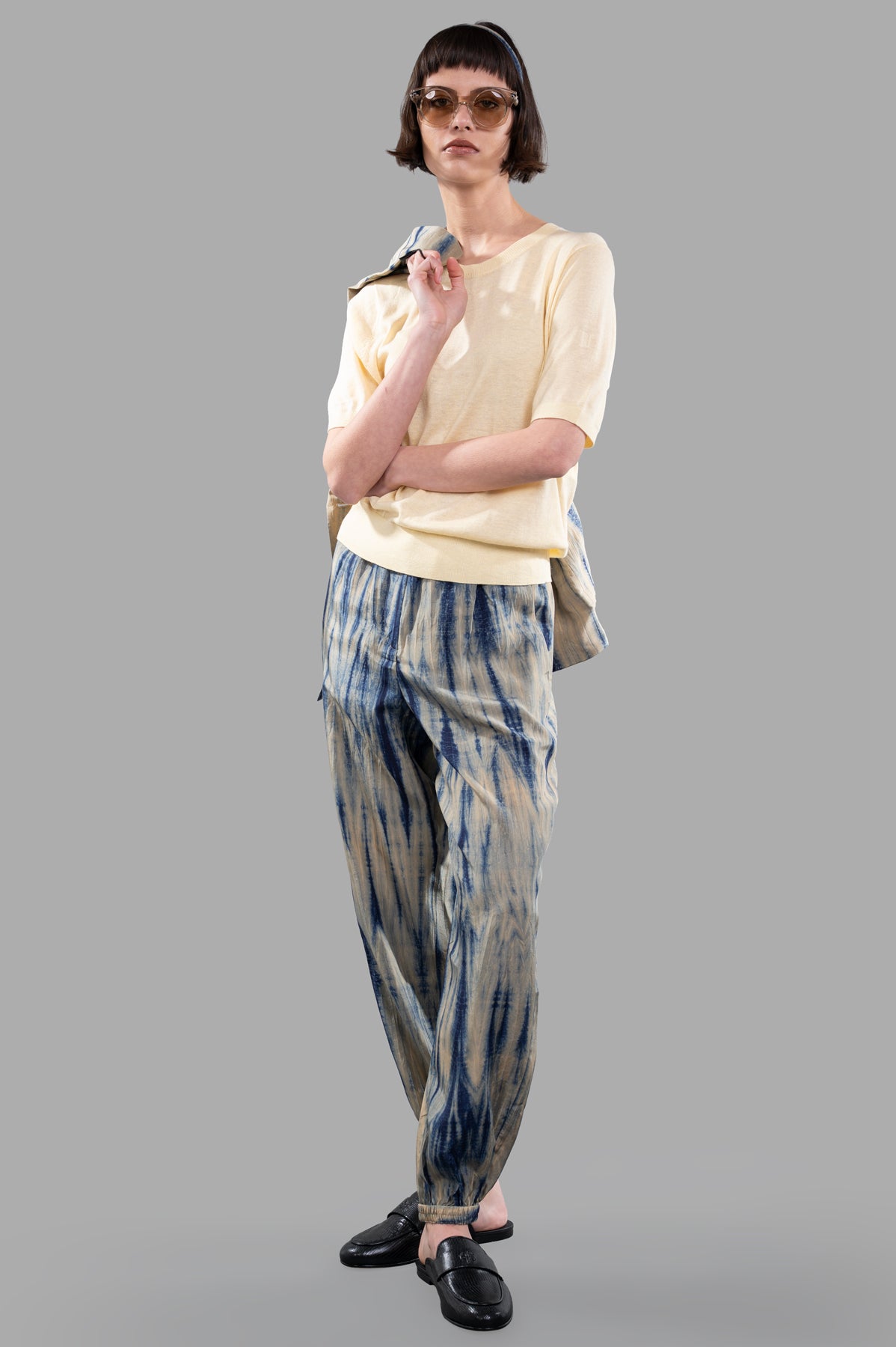 Joseph Tie-dye Silk Trousers in sand/navy, front view on model, relaxed jogger style, luxurious habotai silk blend.